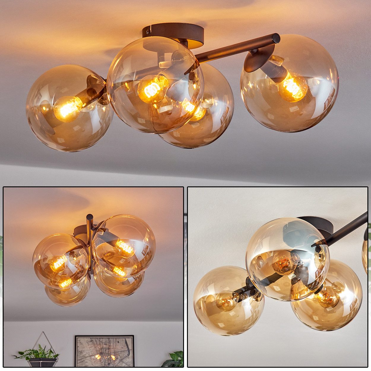 hofstein Deckenleuchte Deckenlampe aus Metall/Glas in Schwarz/Bernsteinfarben, ohne Leuchtmittel, Leuchte im Retro/Vintage-Design mit Glasschirmen (15 cm), 4 x E14