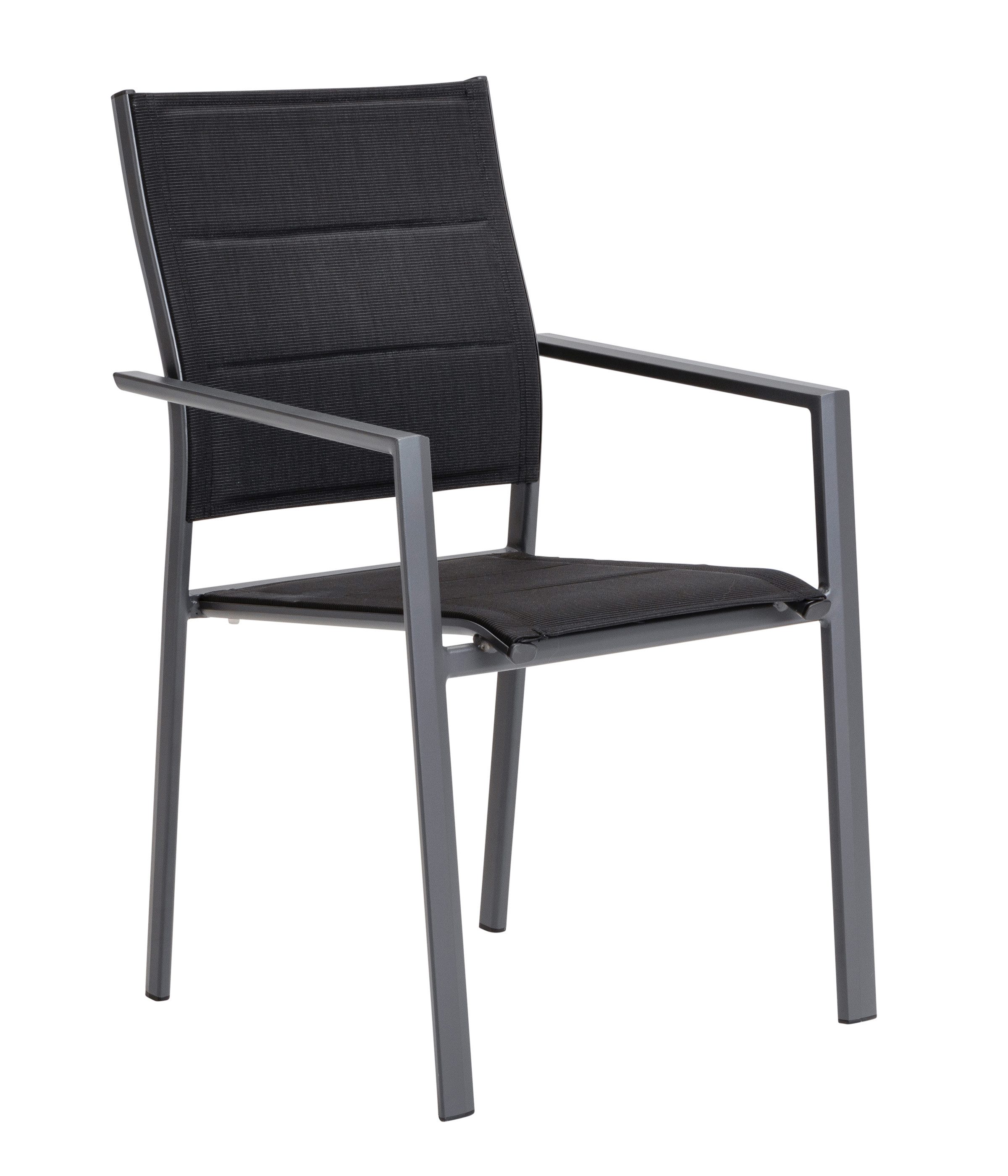 Dehner Gartenstuhl Stapelstuhl Matera, 56.5 x 91 x 57 cm (B/H/T), Aluminium / Textilene, eleganter Gartenstuhl mit Armlehne, leicht und platzsparend