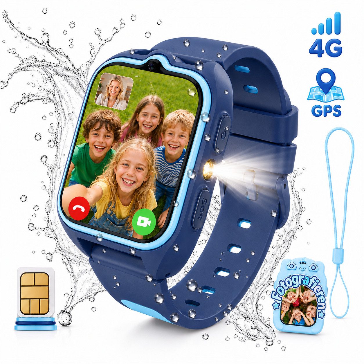 blackview 2026 Neues Kinderuhr 4G LTE mit GPS, HD-Videoanruf, 1,75 Zoll Smartwatch, 1,75'', GPS+LBS+WiFi, 4G-LTE, IP68, Knips-Freunde, mit Taschenlampe