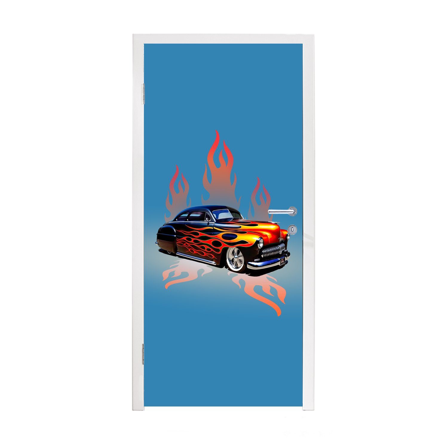MuchoWow Türtapete Auto - Flammen - Feuer - Blau - Vintage, Matt, bedruckt, (1 St), Fototapete für Tür, Türaufkleber, 75x205 cm