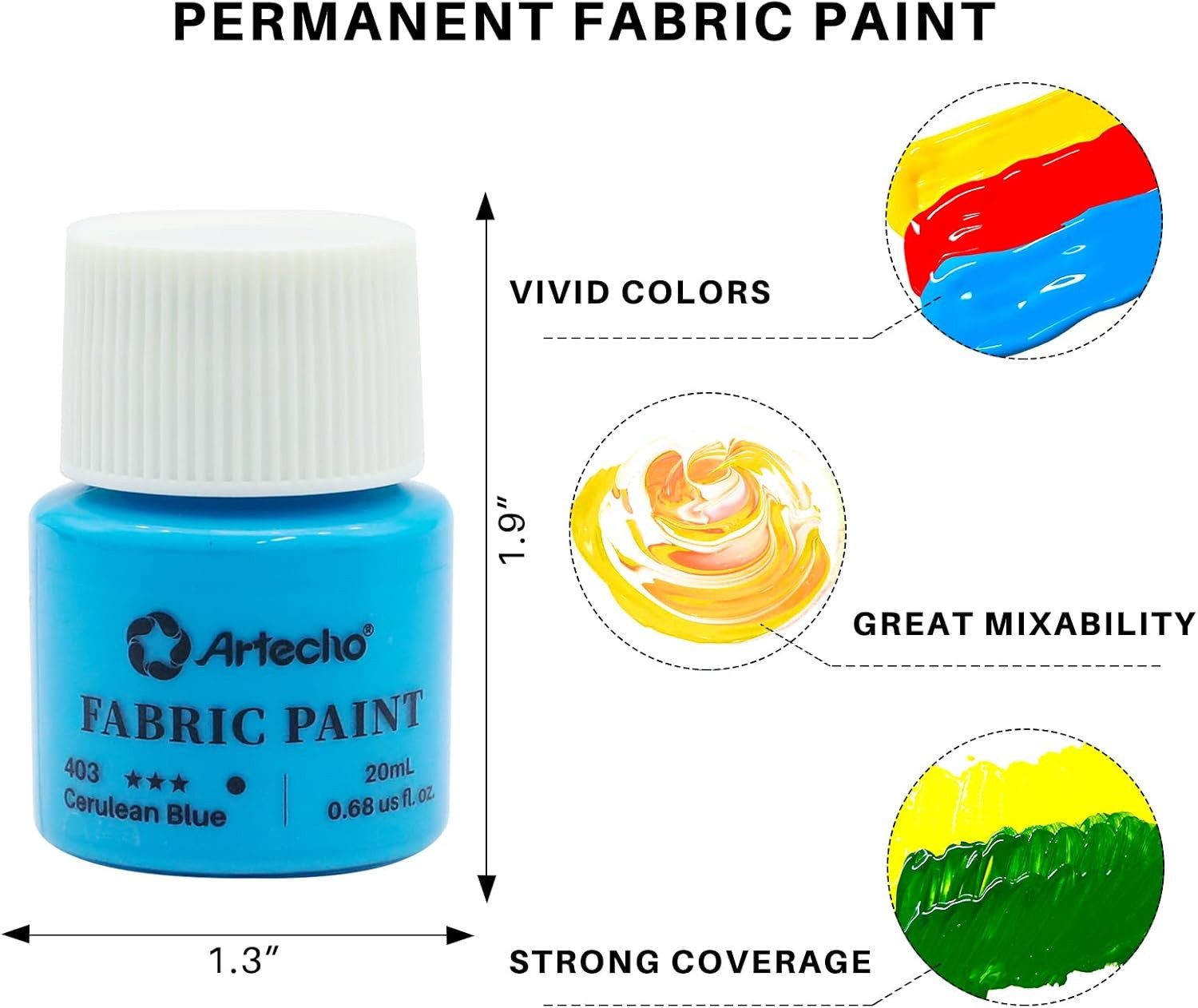 Artecho Textilfarbe Set mit 3 Pinseln – 8 x 20 ml Permanente Stoffmalfarben, Ideal für DIY-Mode, Stoffdesigns und individuelle Kreativprojekte