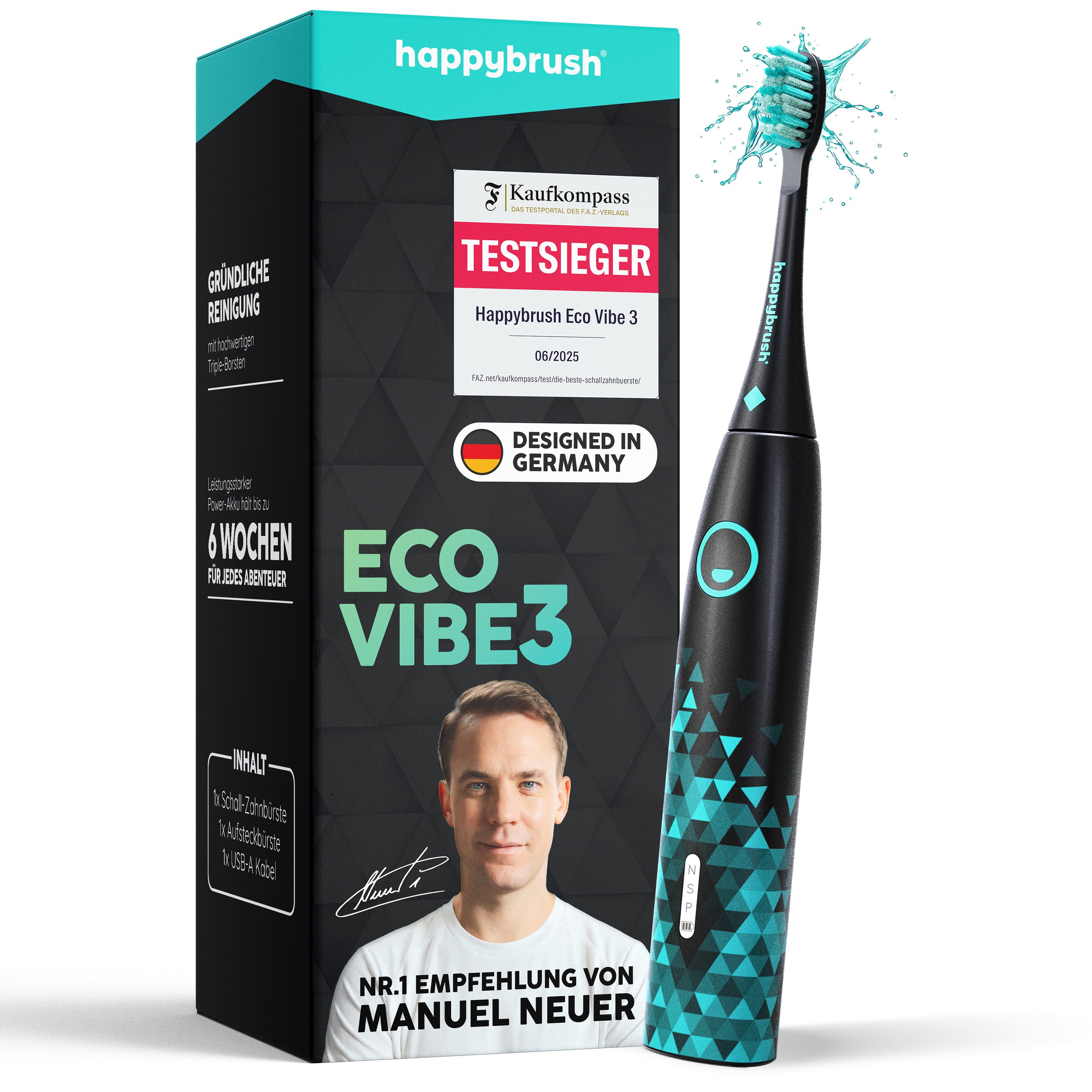 happybrush Schallzahnbürste Eco Vibe 3 Black/Mint – TESTSIEGER - 8 Wochen Power Akku, Aufsteckbürsten: 1 St., Eco Vibe 3, 2 Jahre Garantie