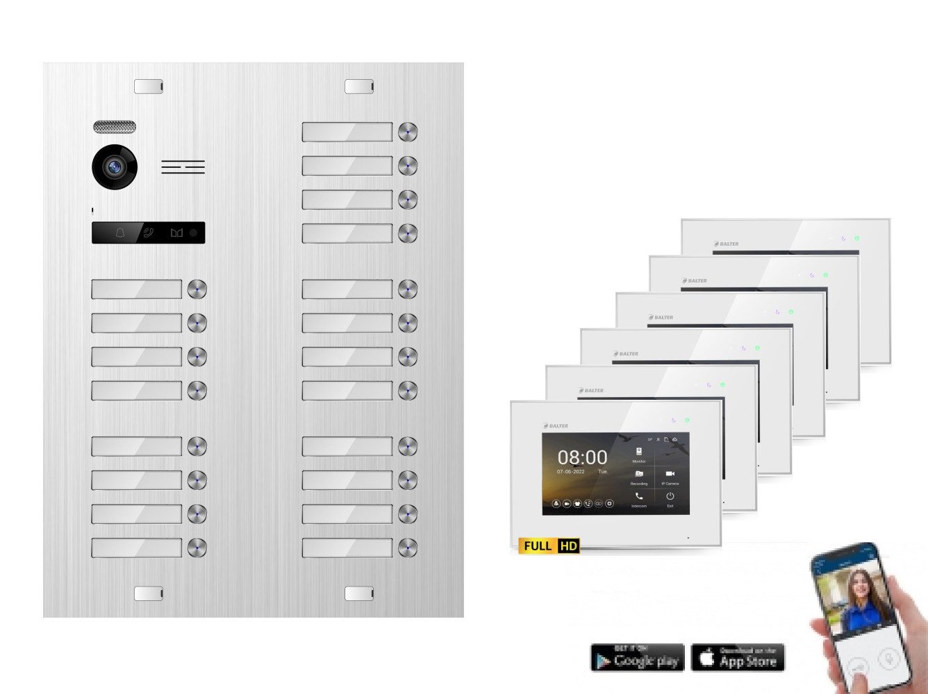 Balter Video-Türsprechanlage BALTER HD WLAN Türsprechanlage EVO 20-Familienhaus Silber Weiß (Set, 20-Familienhaus, Komplettset, Analog 150° Kamera, App-Steuerung)