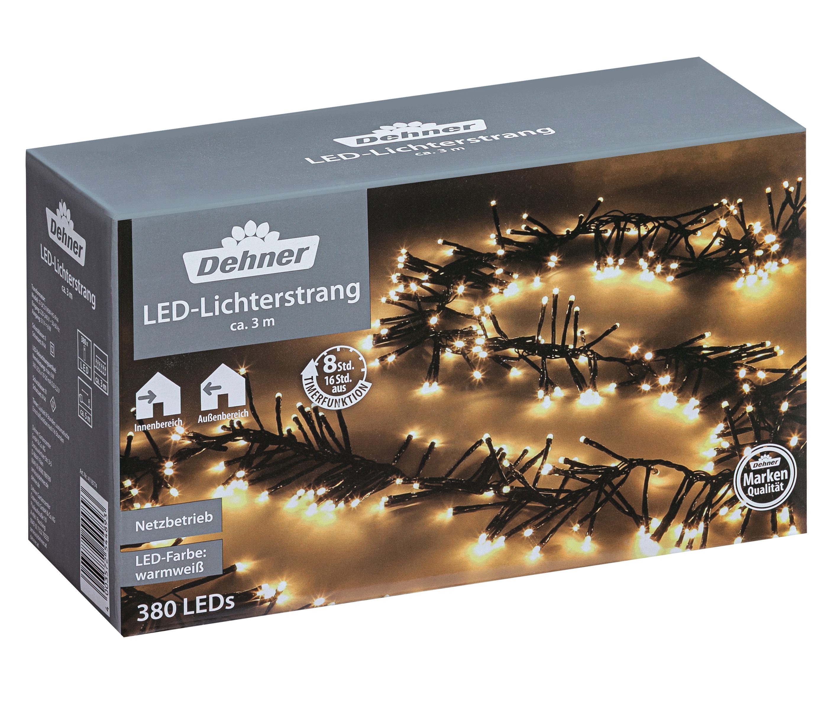 Dehner LED-Lichterkette LED Lichterkette, 380 LEDs, warmweiß, Länge 3 m, 380-flammig, Weihnachtsgirlande für Innen- und Außenbereich