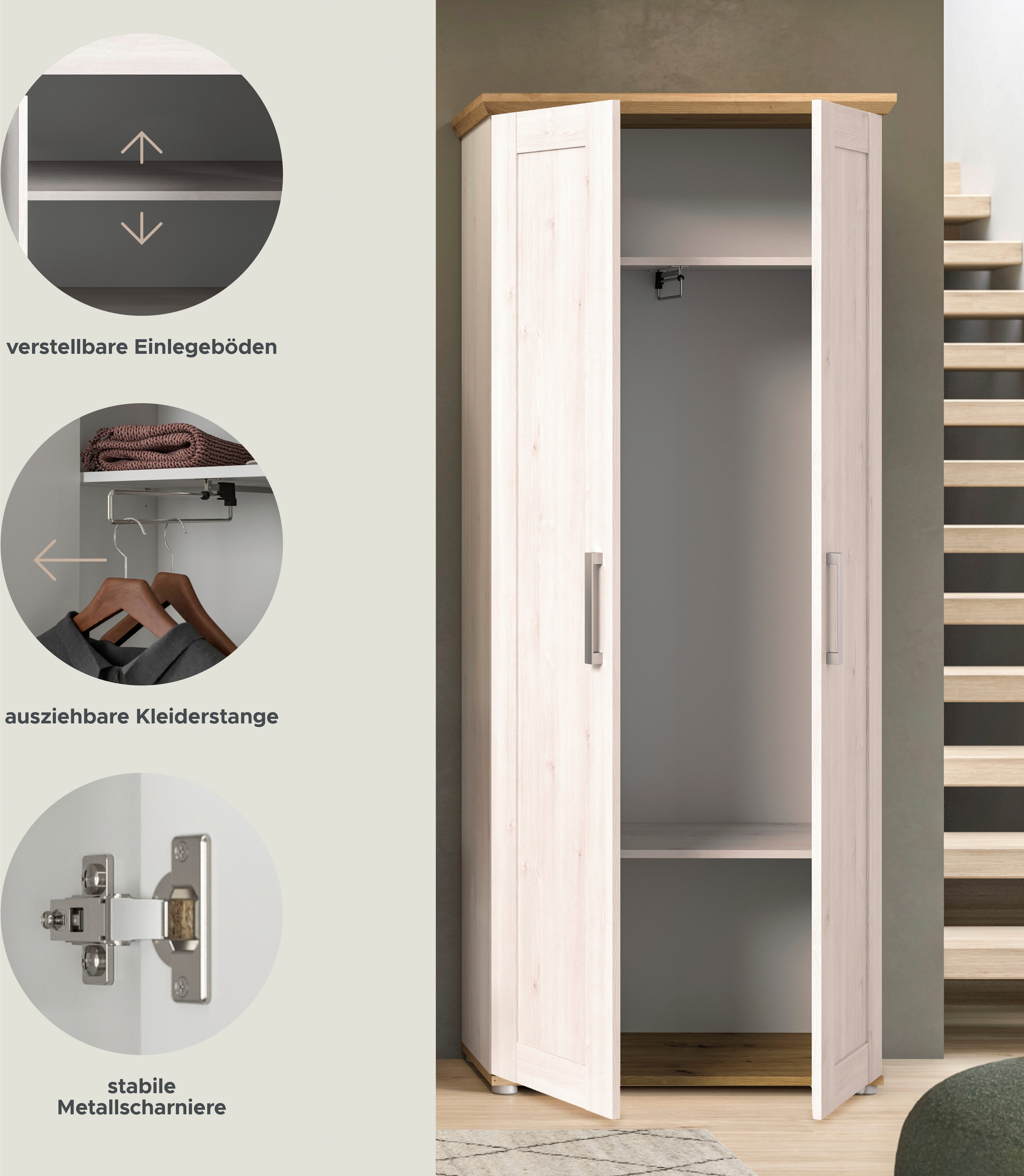 Home affaire Garderobenschrank COSENZA, Höhe 196 cm, 2 Türen, 2 Böden, 1 Kleiderstange Hochschrank, Stauraumschrank, Schrank, Flurschrank, Dielenschrank