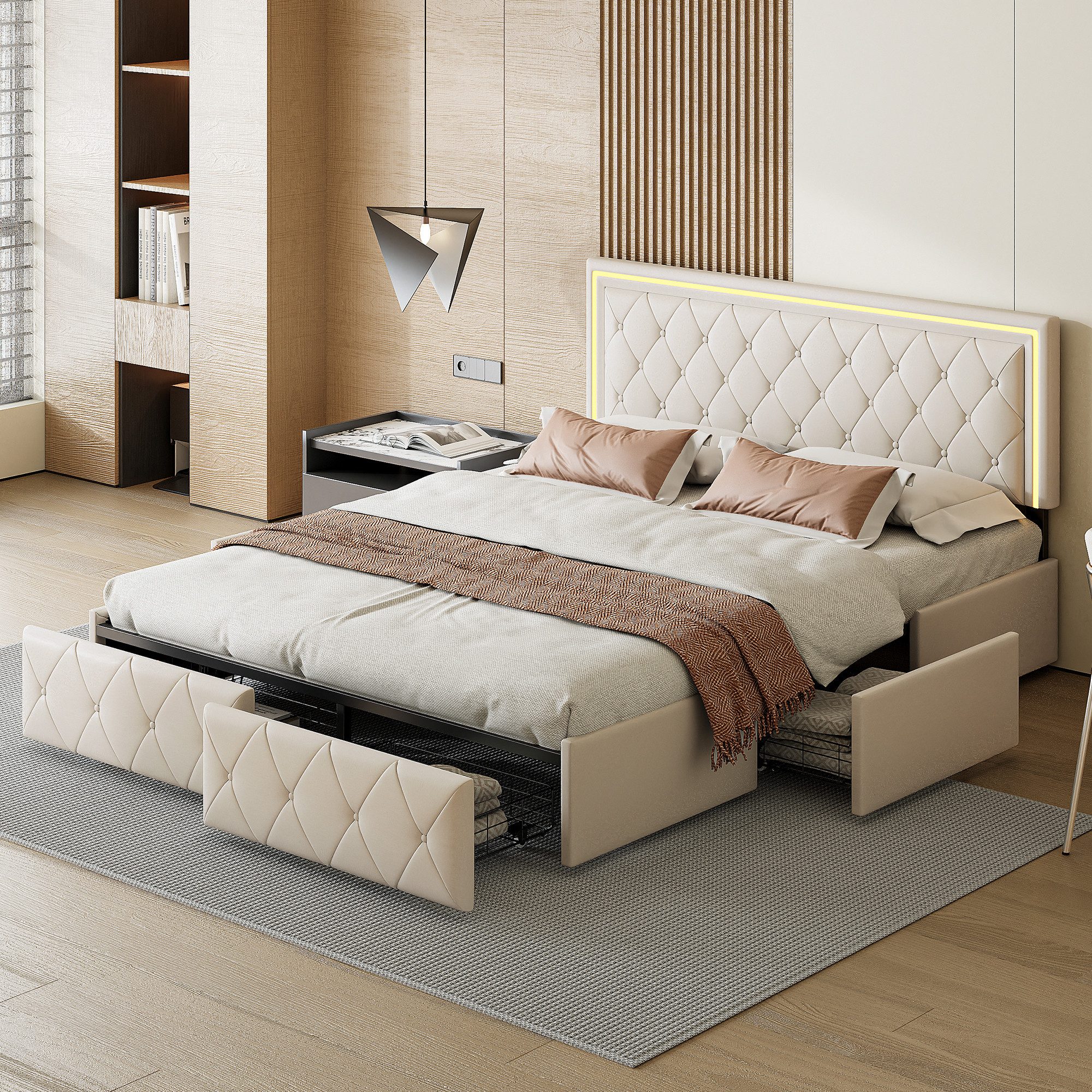 zebery Polsterbett Stauraumbett mit 4 Schubladen, Kopfteil mit LED Beleuchtung (Set, 1-tlg., Doppelbett mit Höhenverstellbares Kopfteil), Bettgestell Jugendbett, PU, ohne Matratze, 200x140 cm, Beige