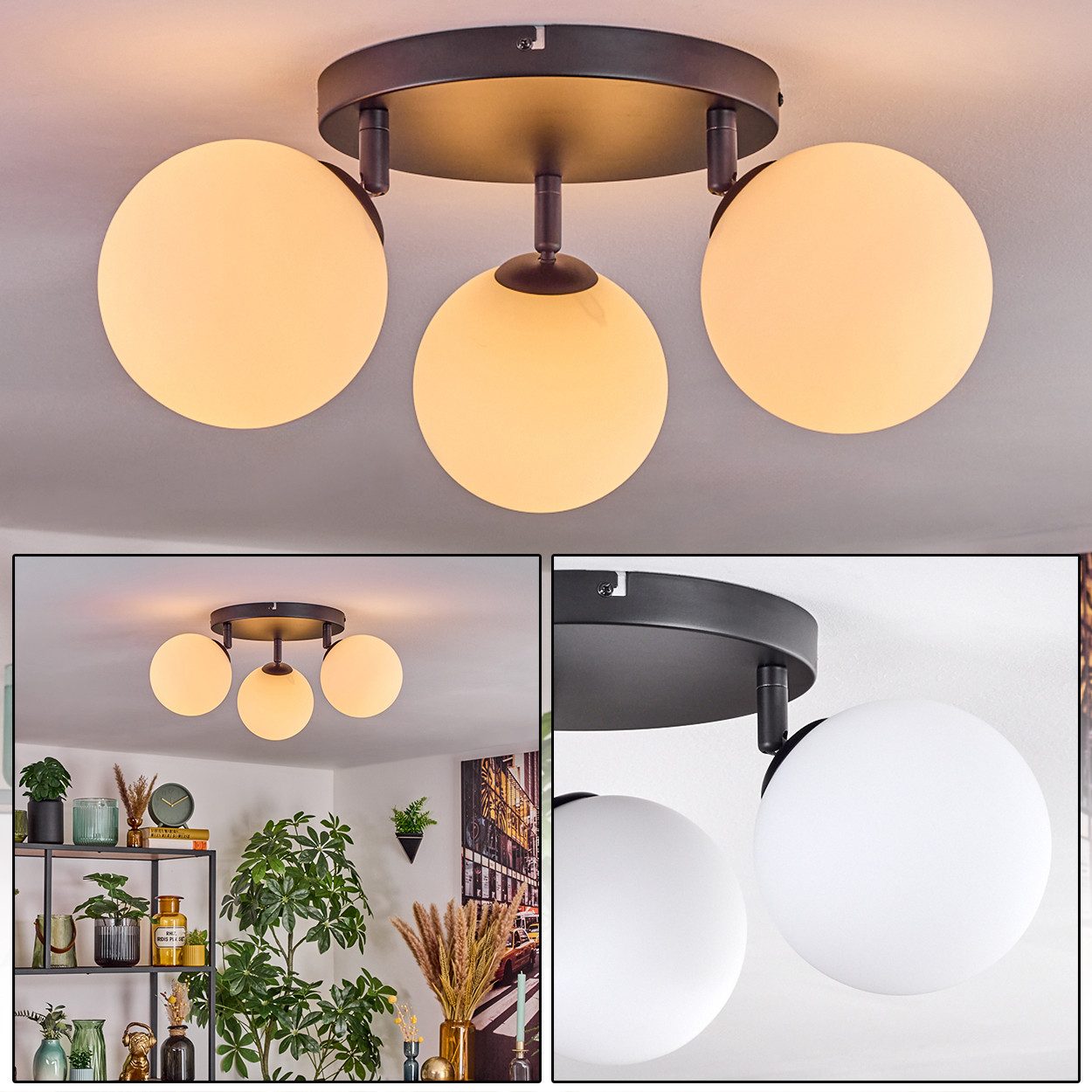 Deckenleuchte Deckenlampe aus Metall/Milchglas in Schwarz/Weiß, 3 x E14