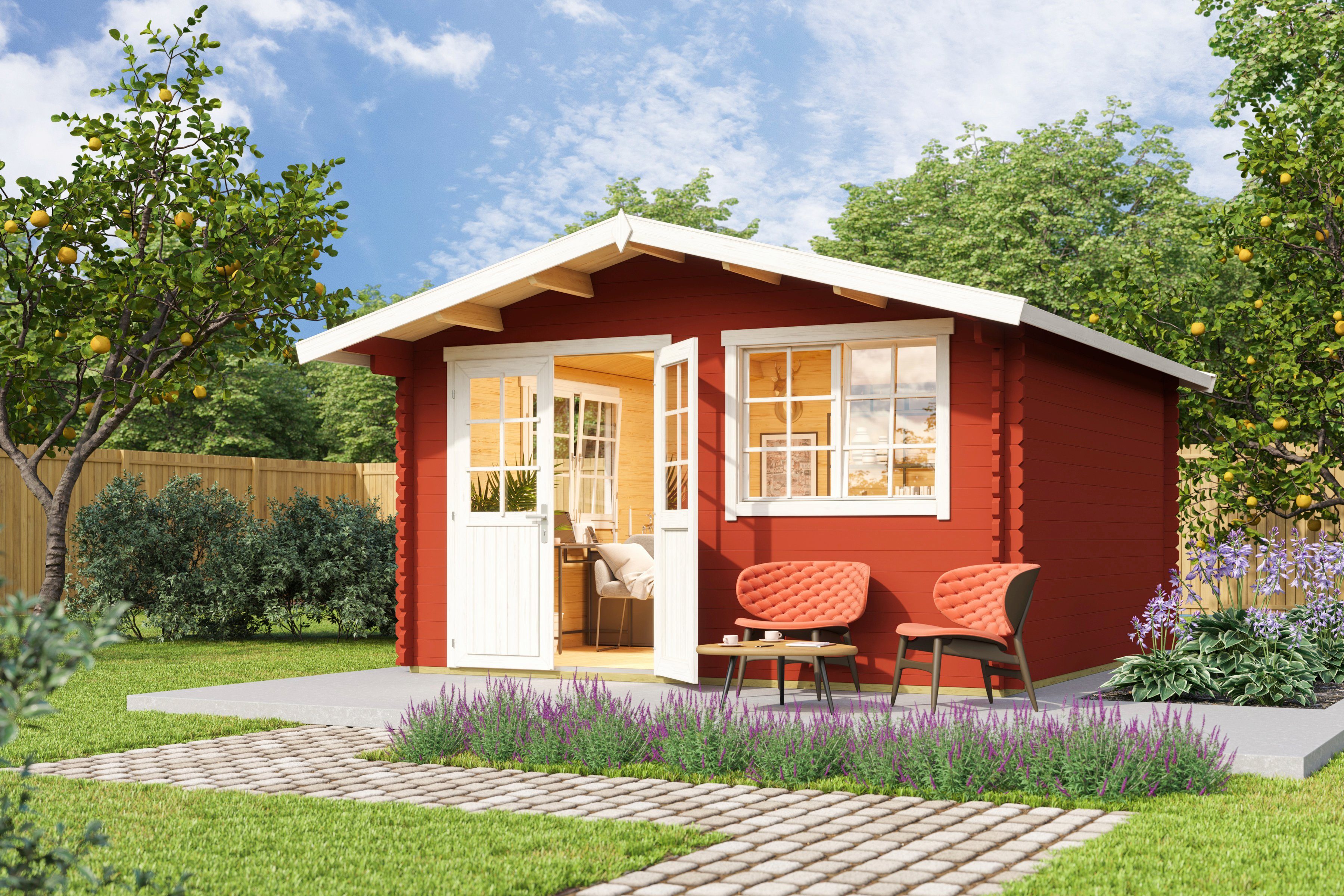 LASITA MAJA Gartenhaus Norderney 3, BxT: 410x480 cm, Blockbohlenhaus 40 mm,  Fundamentmass 3900 x 3900, Schwedenrot