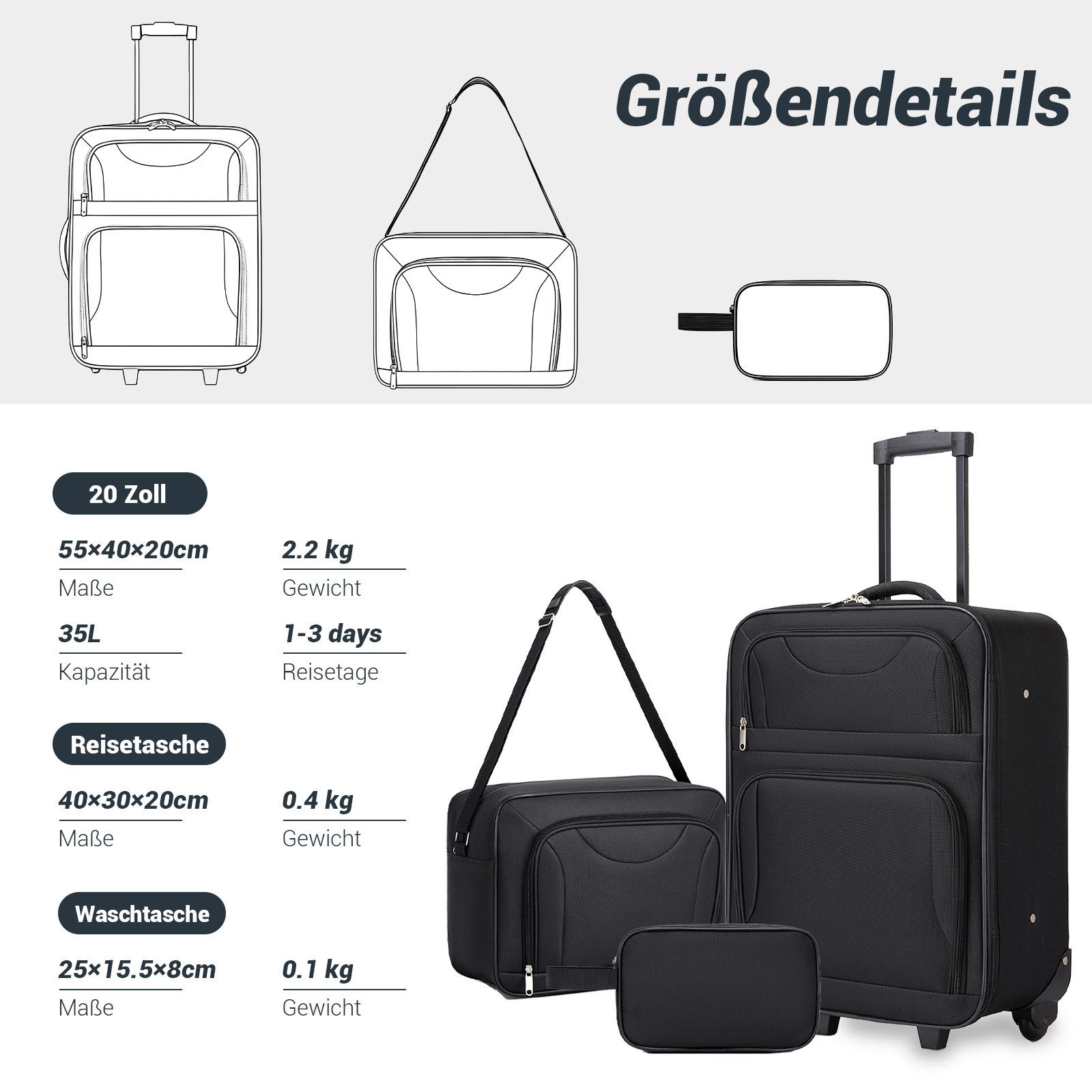 KONO Kofferset 3-teilig: 20 Zoll Handgepäck + Kabinen-Schultertasche + Kulturbeutel, (3 tlg)
