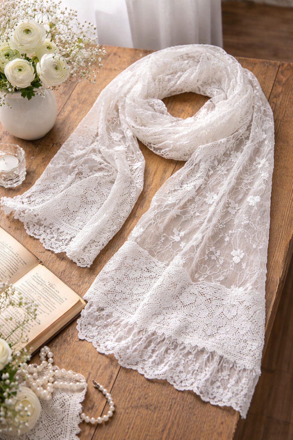 Jeanne d´Arc living Chiffontuch Chiffon Spitzenschal Vintage Spitze Stola Schal Halstuch, Spitzenschal mit floraler Stickerei
