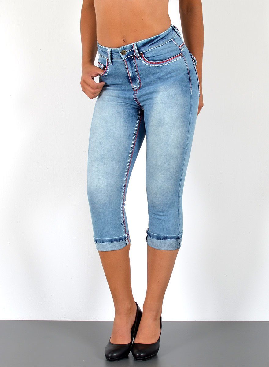 ESRA Caprijeans 3/4 Capri Jeans Damen High Waist weiße Naht Jeans Kontrastnähte J569 Capri Jeans Damen High Waist weiße Naht Jeans Kontrastnähte J569