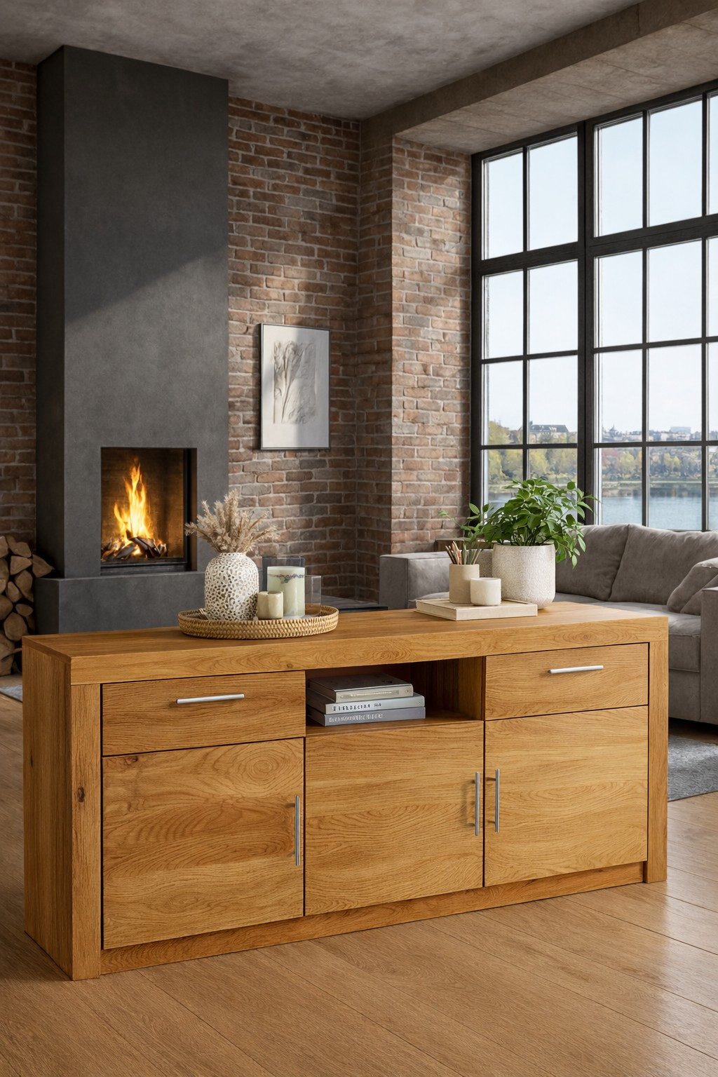 bv-vertrieb Anrichte Sideboard Kommode Schubladenkommode Wildeiche Metallgriffe