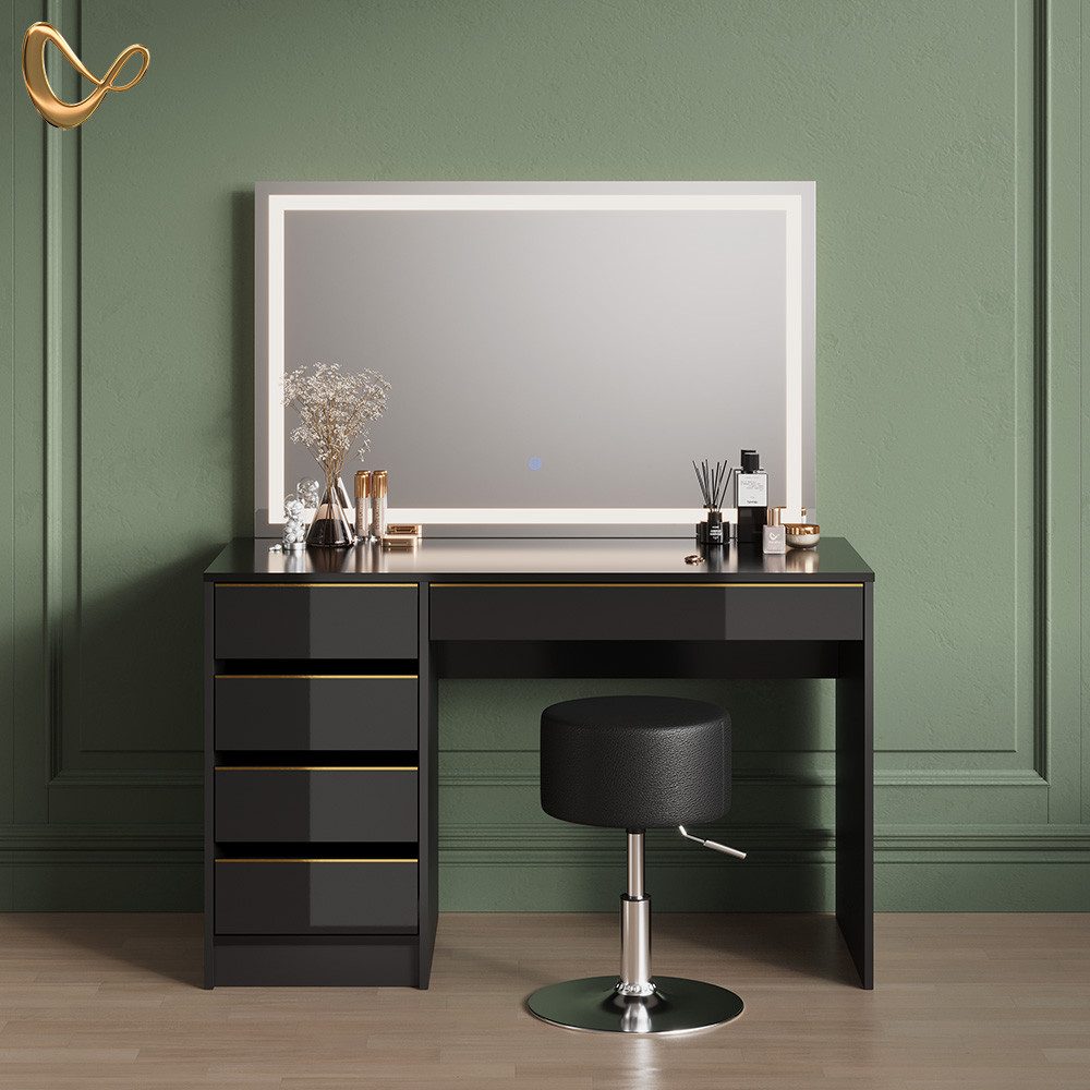 Livinity® Schminktisch Imola, Schwarz/Gold/Gold, mit LED-Spiegel und Hocker günstig online kaufen