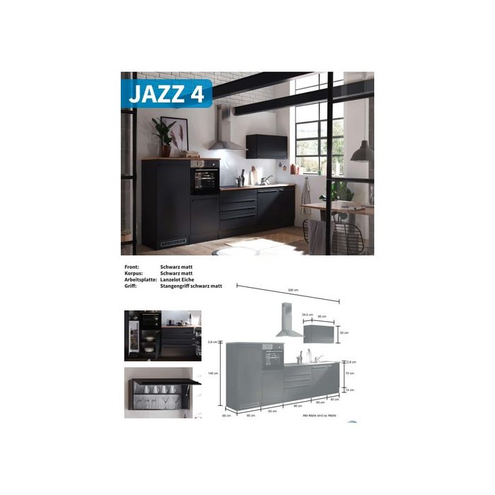 Bega Consult Spülenunterschrank Küchenblock JAZZ Küchenzeile Schwarz ohne Geräte ca. 320 x 200 x 60 cm