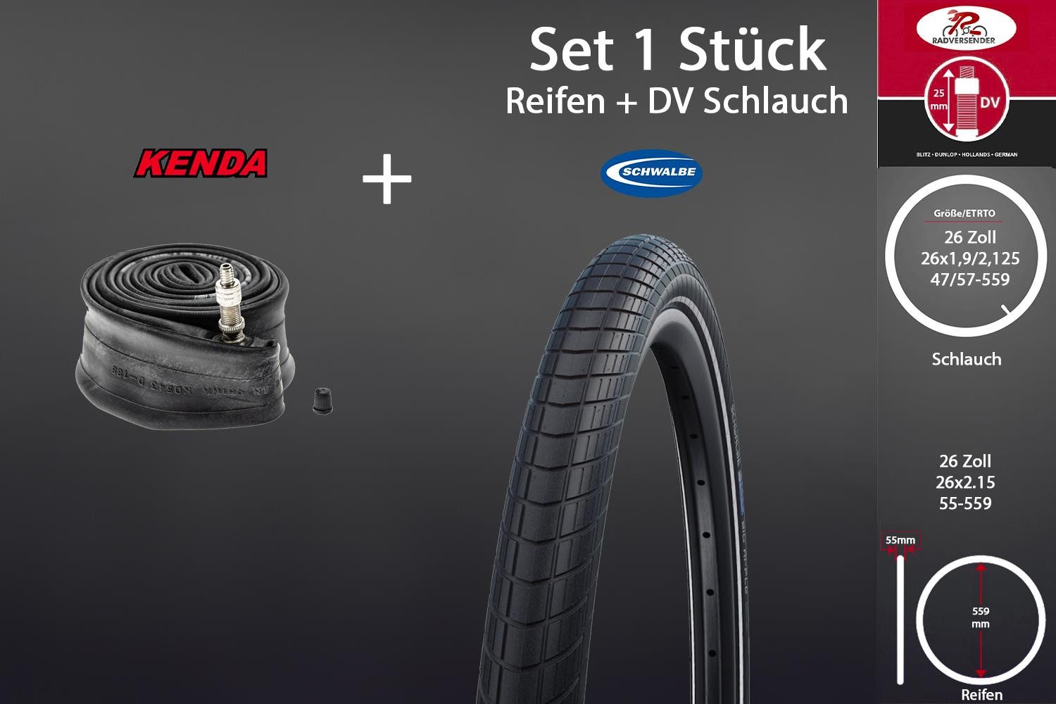 Fahrradreifen 26 Zoll Reifen Set 26x2.15 Schwalbe Big Apple 55-559 mit DV Schlauch