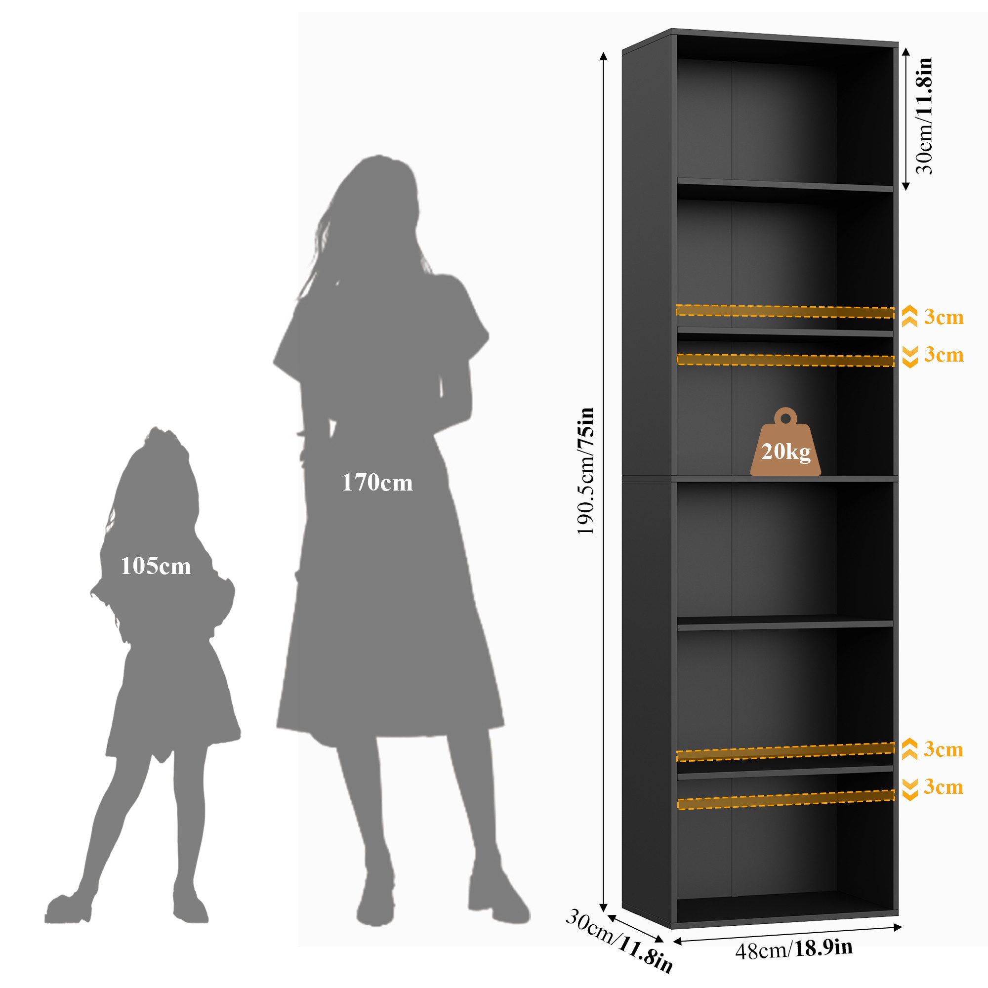 Homfa Bücherregal Regal mit 6 Fächern, 190,5cm Bücherschrank Standregal, verstellbare Ablagen