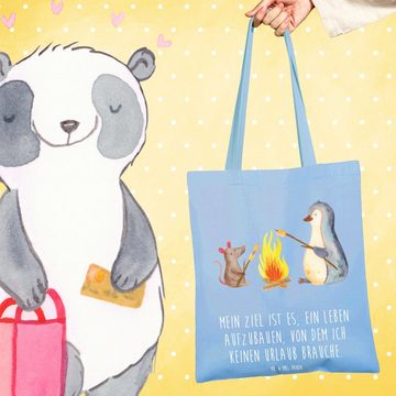 Mr. & Mrs. Panda Tragetasche Pinguin Lagerfeuer - Sky Blue - Geschenk, grillen, Beutel, Büroalltag (1-tlg), Cross Stitching Griffe
