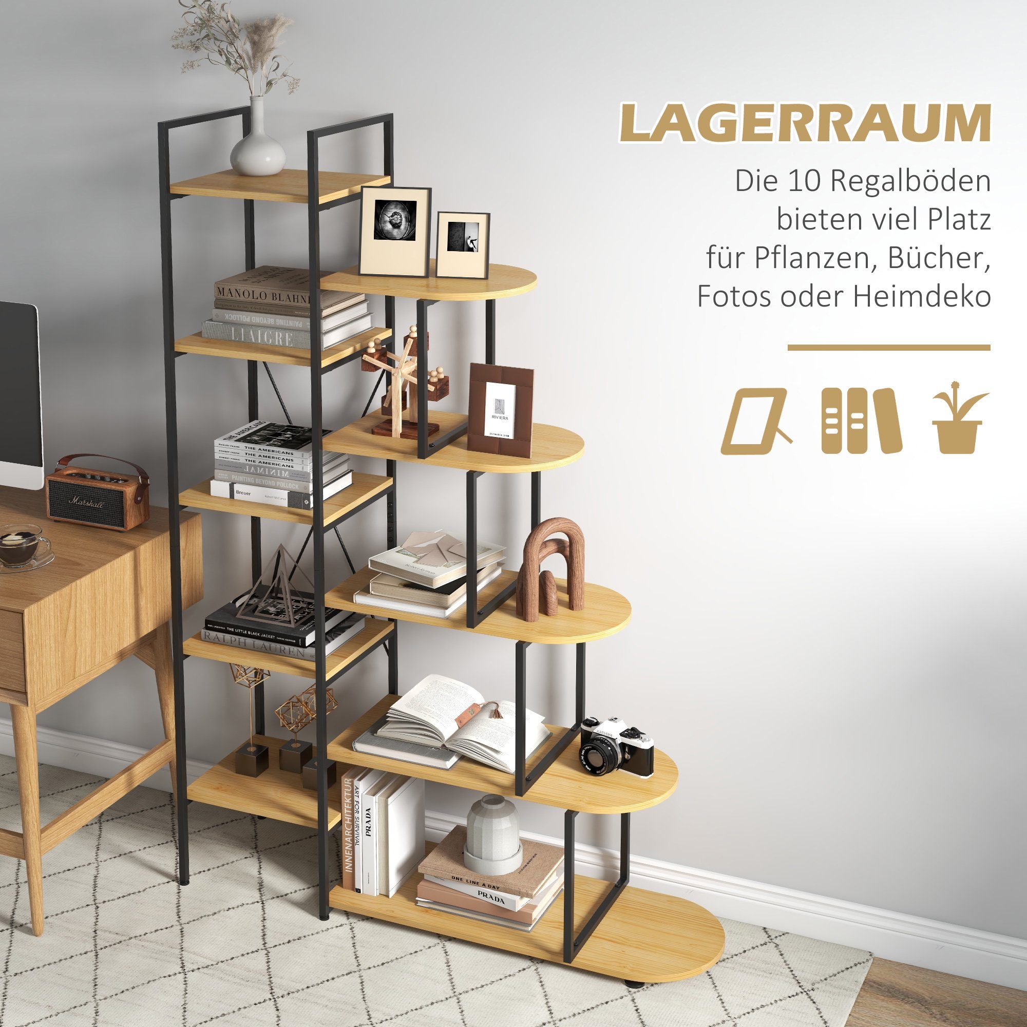 Standregal, Lagerregal Anti-Kipp-Design Bücherregal HOMCOM mit Ebenen, 1-tlg., Aufbewahrungsregal 10