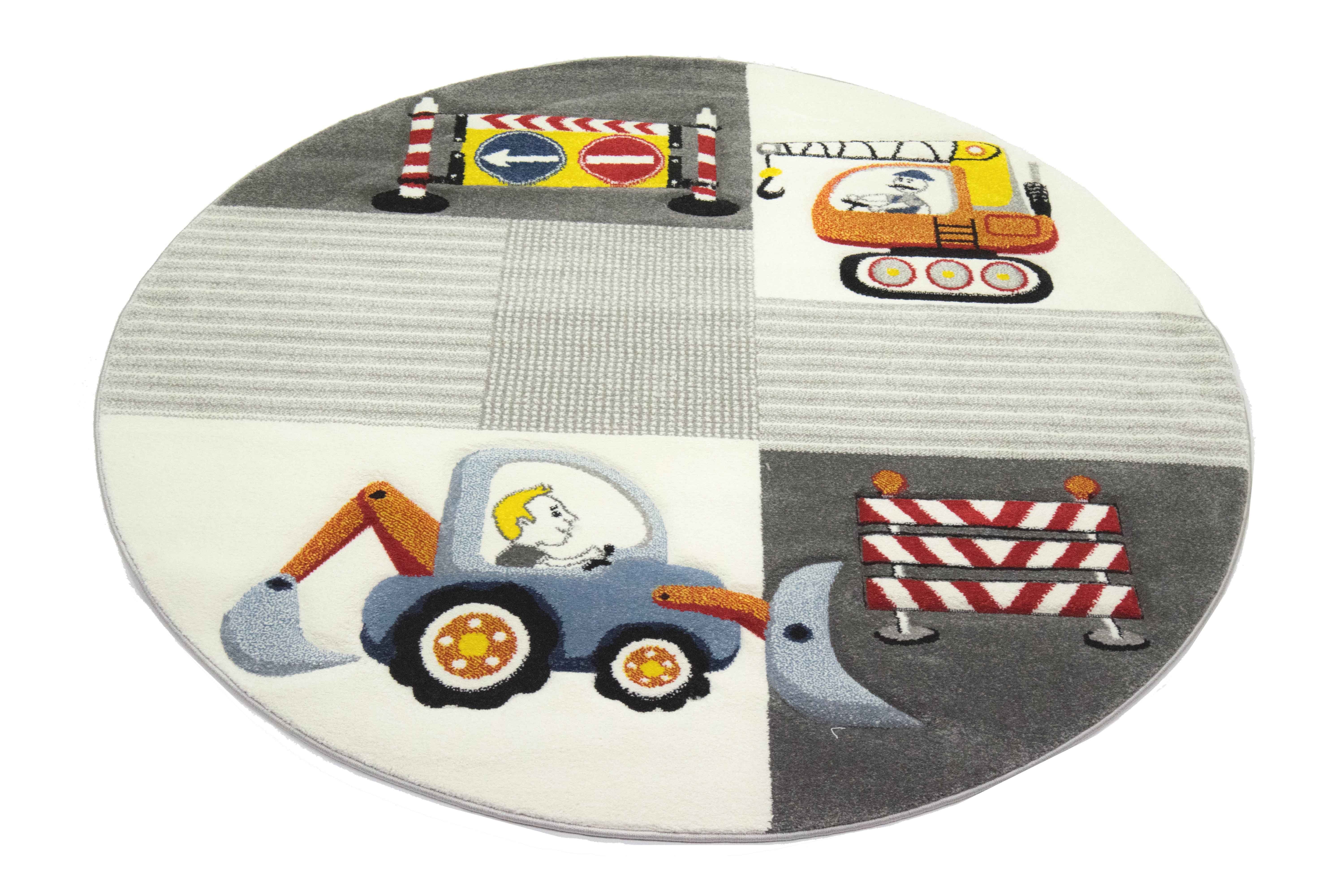 Carpetia Kinderteppich Kinderzimmer Straßenschilder Bagger Kran creme grau gelb, rechteckig, Höhe: 13 mm