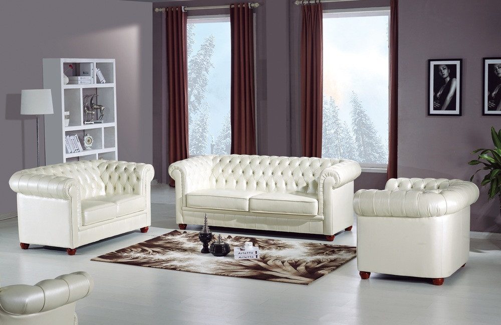JVmoebel Chesterfield-Sofa Weiße Chesterfield Sofagarnitur aus Kunstleder mit Knopfdesign, Set, Made in Europa