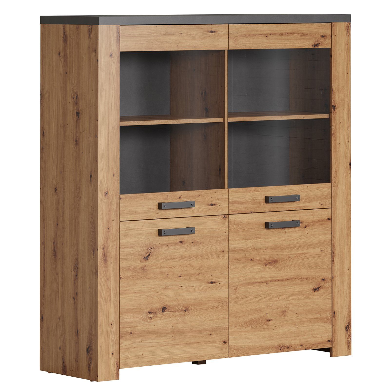 trendteam Highboard Follow, Schrank Vitrine Kommode Vitrinenschrank Natur/Anthrazit 127x139x40cm