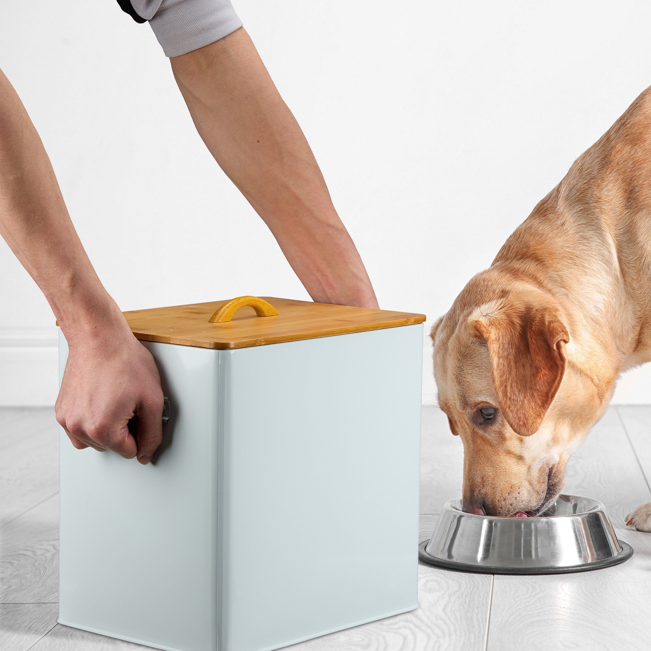 relaxdays Futterbehälter Futterbox mit Bambusdeckel 2er Set, Eisen