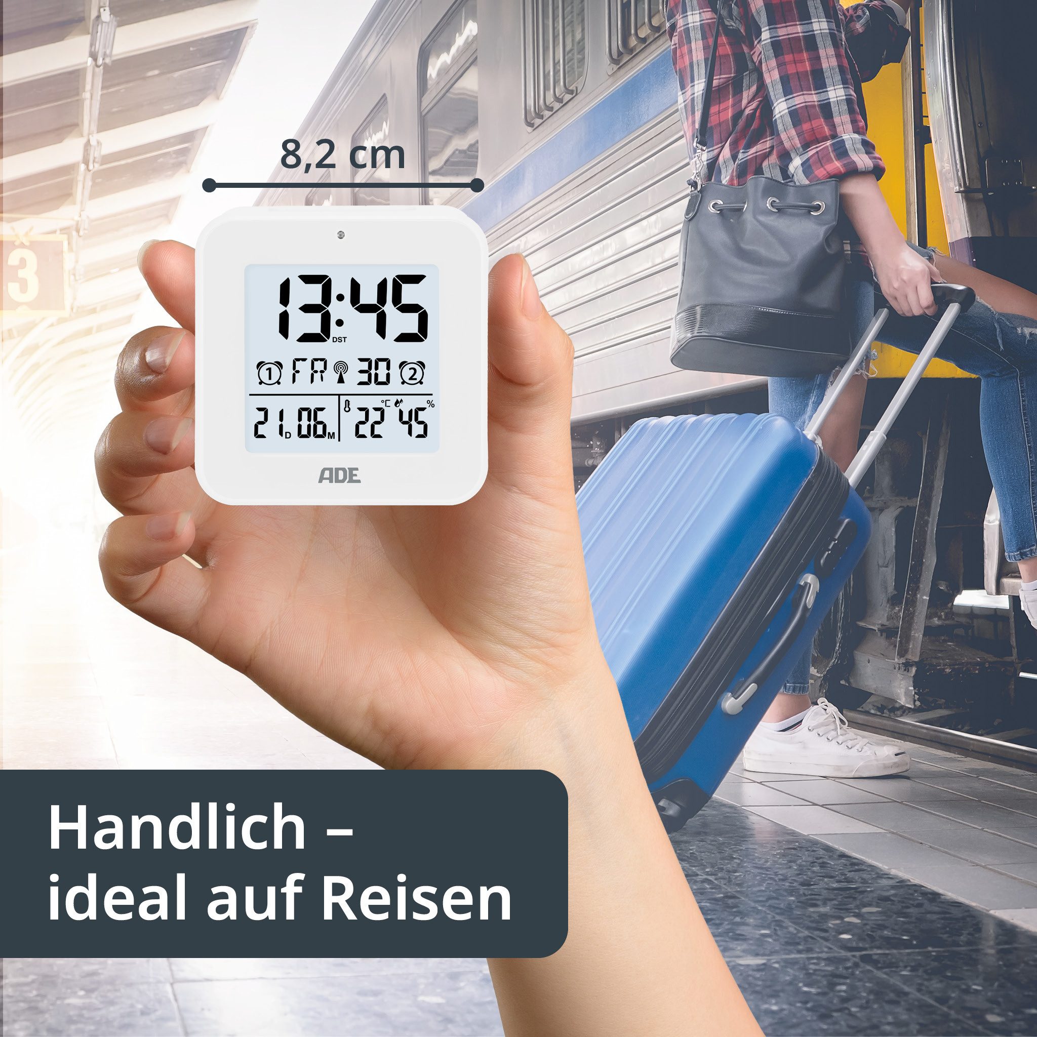 ADE Funkwecker Wecker digital funk mit Temperatur und Luftfeuchtigkeit automatischer Lichtsensor, 2 Weckzeiten, Schlummerfunktion