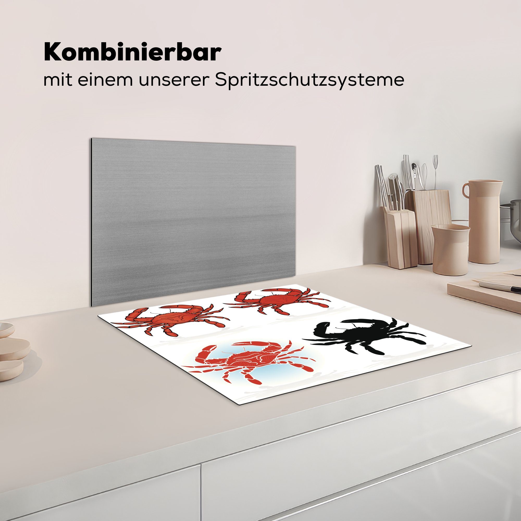 Abbildungen 60x52 MuchoWow Vier nutzbar, auf Herdblende-/Abdeckplatte Mobile Arbeitsfläche cm, Hintergrund, (1 tlg), von Ceranfeldabdeckung Krabben Vinyl, weißem