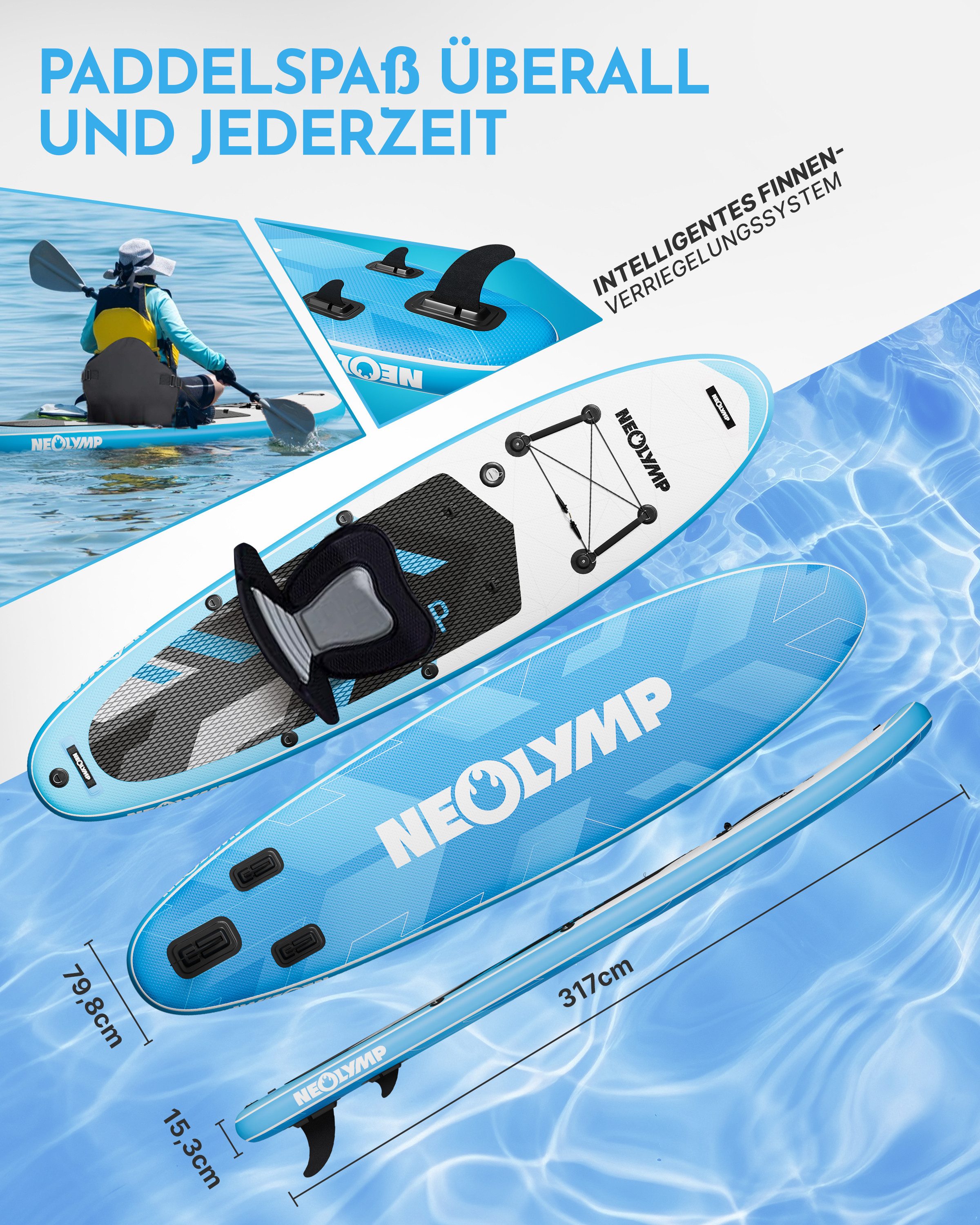 NEOLYMP SUP-Board Aufblasbares Stand Up Paddle Board 315 cm – SUP Komplett-Set 13-tlg, (Stand Up Paddle 315 cm – SUP Komplett-Set 13-tlg. - 150 kg Traglast), für Kinder & Erwachsene – 150 kg Traglast - Paddleboard aufblasbar