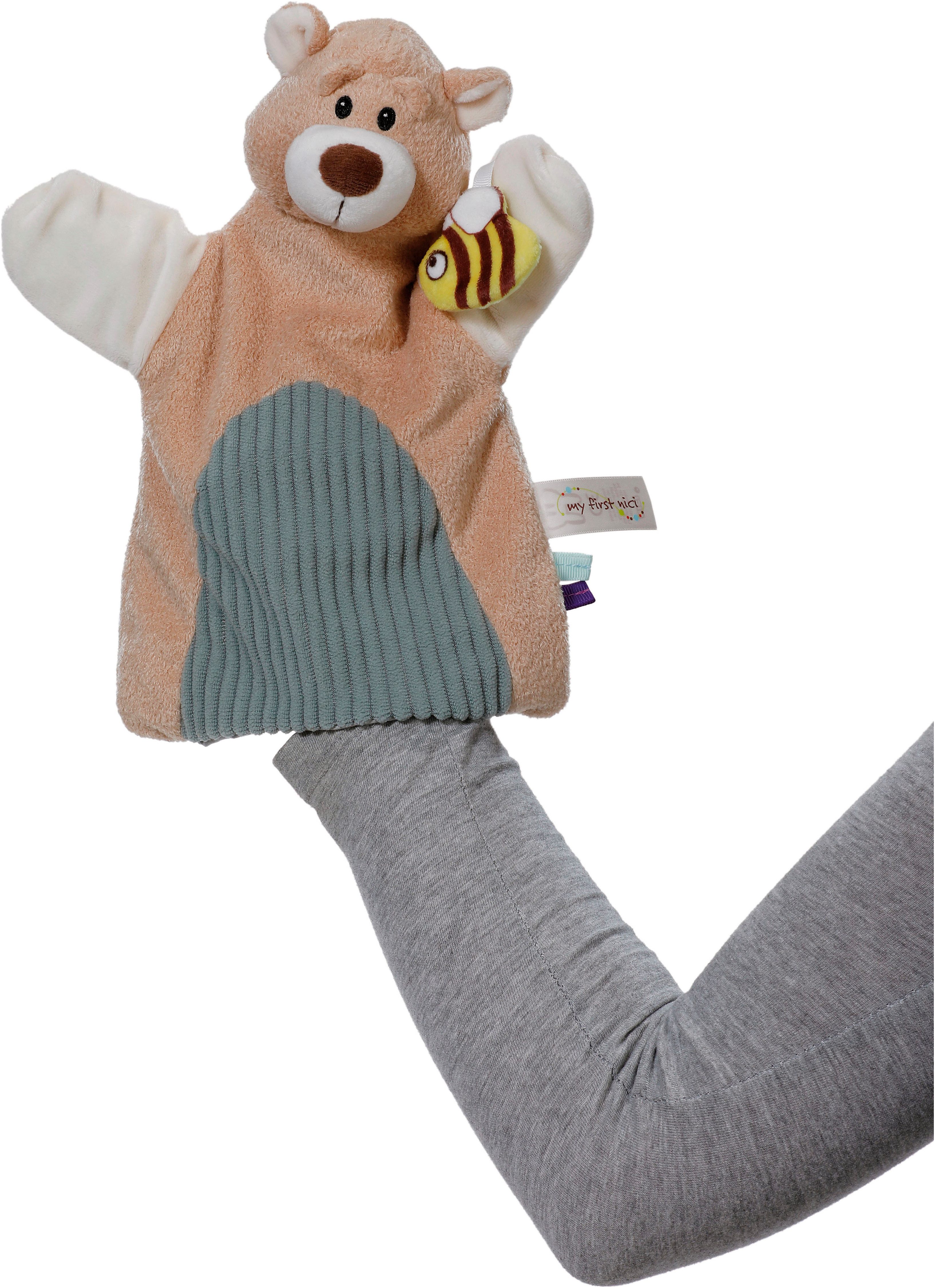Nici Schmusetuch My first NICI, Handpuppe Bär 2in1 26x25 cm, sanfte Materialmix aus glattem und geripptem Plüsch