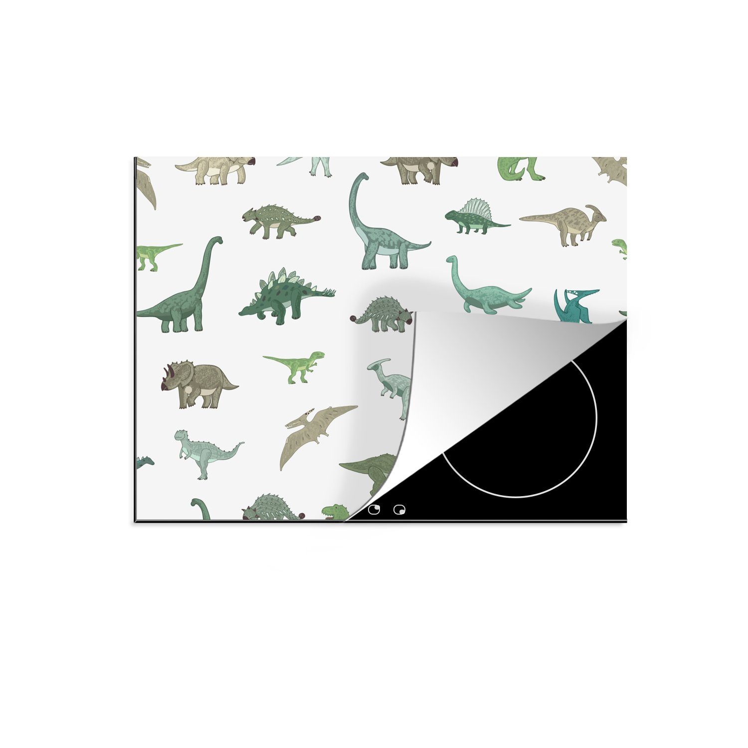 MuchoWow Herdblende-/Abdeckplatte Dinosaurier - Grün - Jungen - Braun - Kind - Muster, Vinyl, (1 tlg), 70x52 cm, Mobile Arbeitsfläche nutzbar, Ceranfeldabdeckung