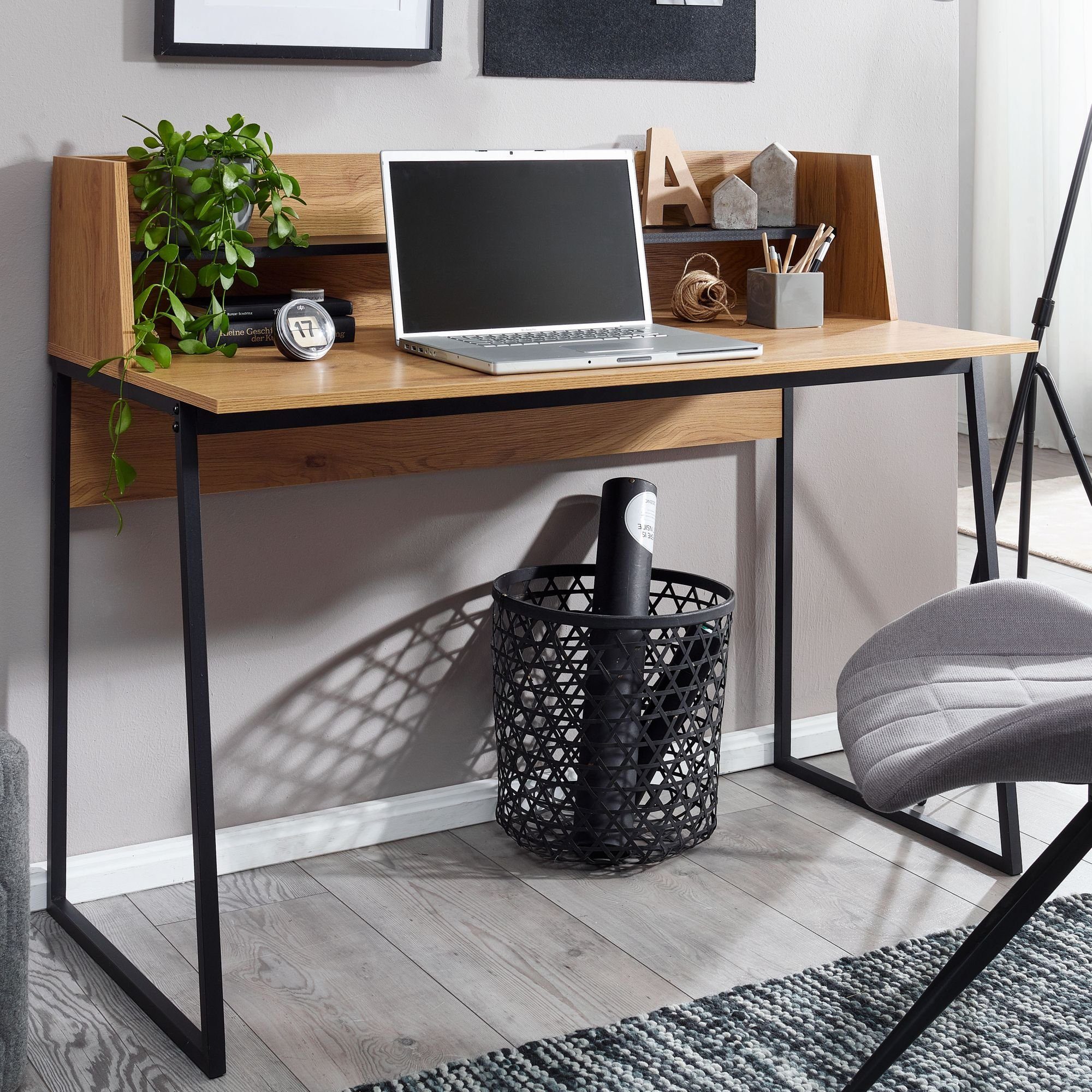 Schreibtisch mit Regal Bürotisch Computertisch Arbeitstisch Tisch Eiche/Schwarz 