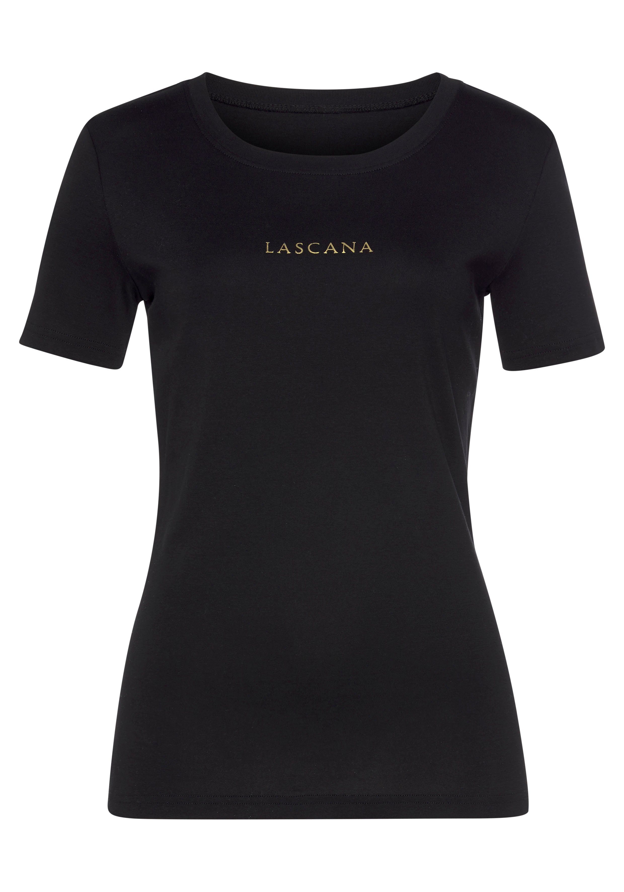 Logodruck mit goldenem LASCANA (2er-Pack) T-Shirt schwarz bordeaux,