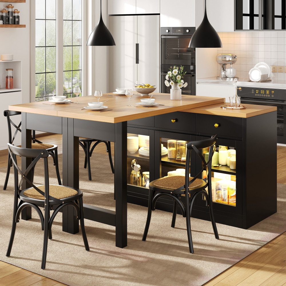 BBG Kücheninsel Ausziehbare Kücheninsel mit LED RGB & App-Steuerung,120–200cm Esstisch, 3 Schubladen & Glastüren, Multifunktionale Küchenbar, MDF
