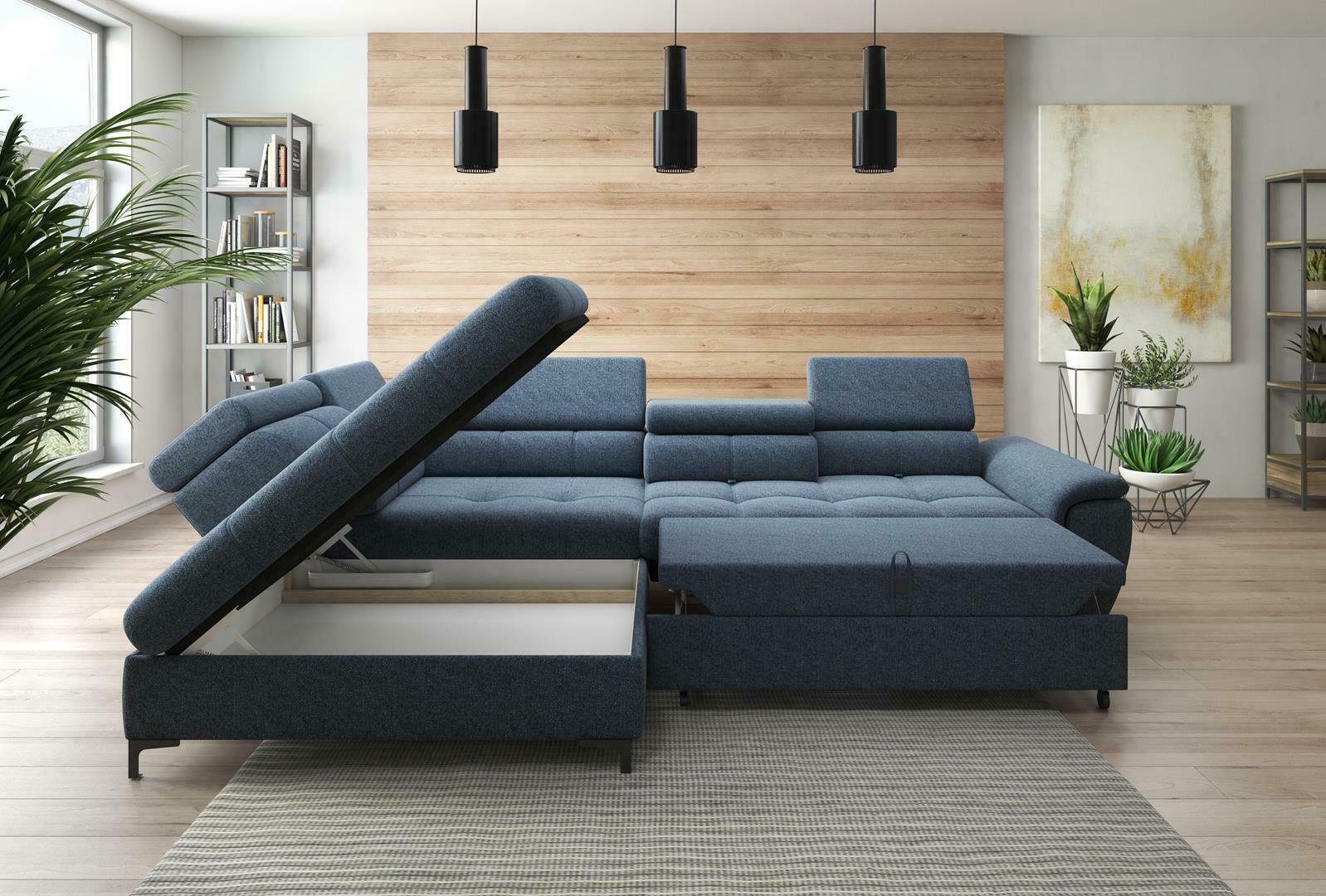 Blau Mit Bettfunktion Textil, Bettfunktion Schlafsofa Ecksofa Textil Sofa Couch JVmoebel Design Polster L-Form