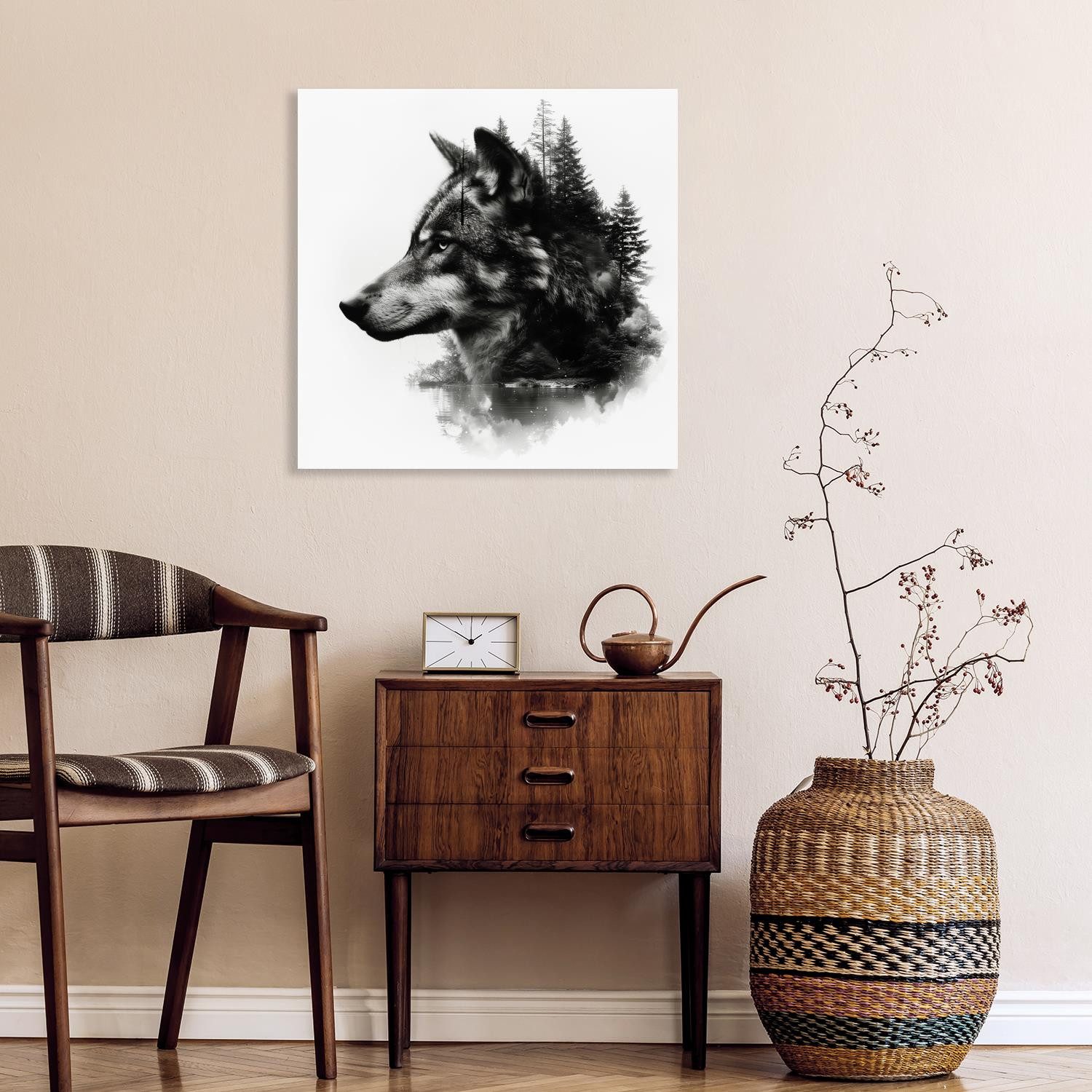 queence Acrylglasbild Fotomaipulation Wolf, Baumbilder, Bäume, Gesicht, Kunst, Landschaft, Natur, Schwarz-Weiß, Wald, Waldbilder, Wildtiere, Wolfbilder, Wölfe, mystischer Wald (1 St), Fine Art-Print in Galeriequalität
