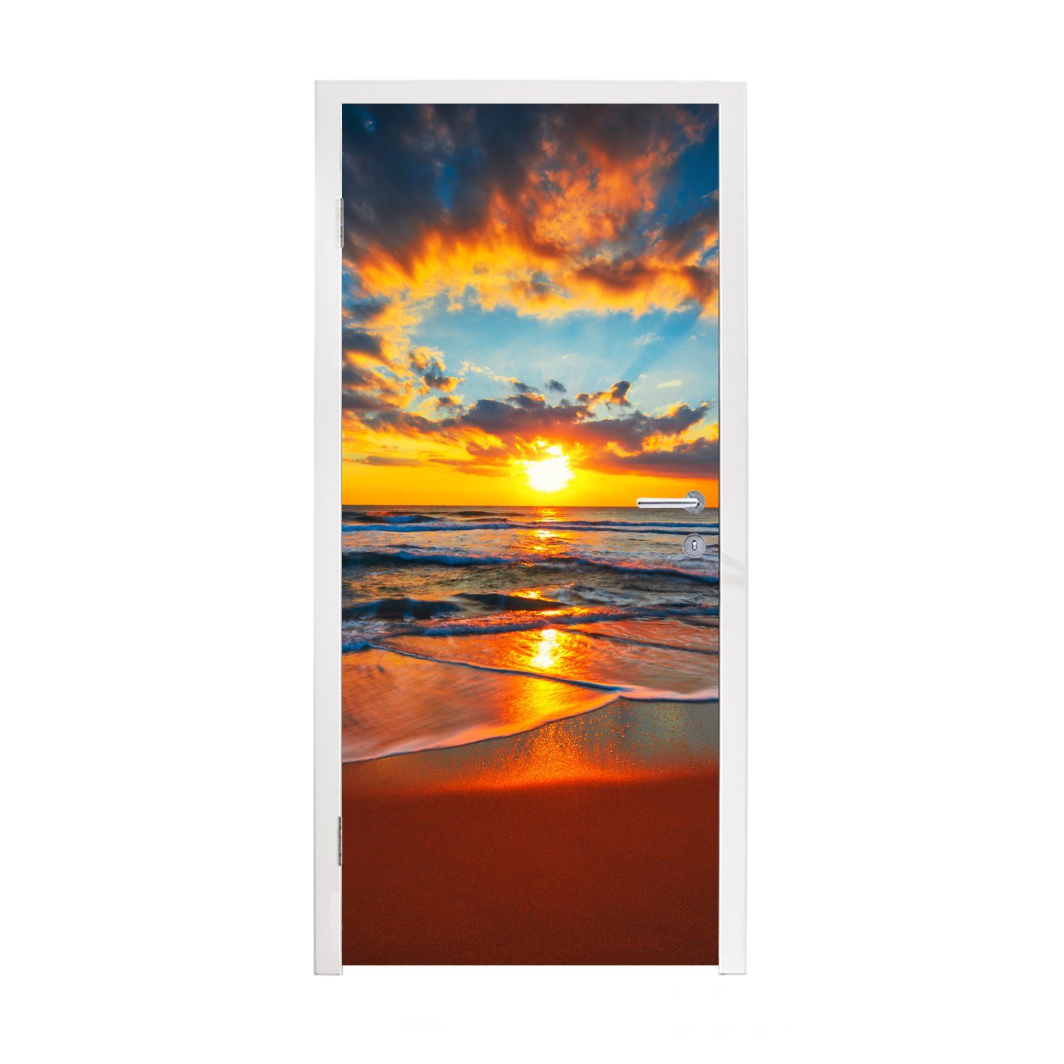 MuchoWow Türtapete Meer - Sonnenuntergang - Strand - Wolken - Orange, Matt, bedruckt, (1 St), Fototapete für Tür, Türaufkleber, 75x205 cm