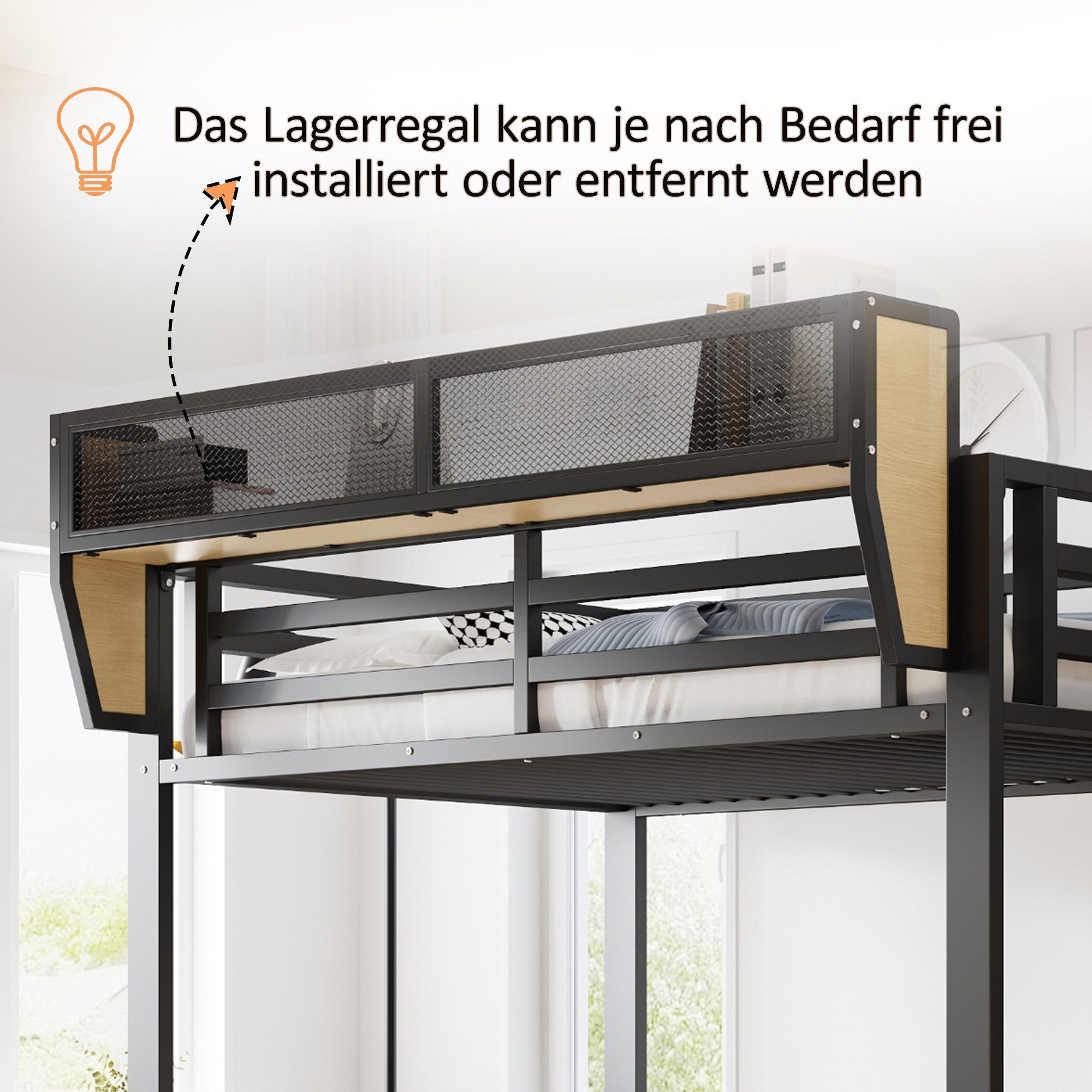 OKWISH Hochbett Jugendbett Metallbett (mit Ablagefach, Kleiderstange, Stoffschublade und abnehmbarem Ablagekorb, mit LED-Beleuchtung, 140x200 cm Stauraumbett) ohne Matratze