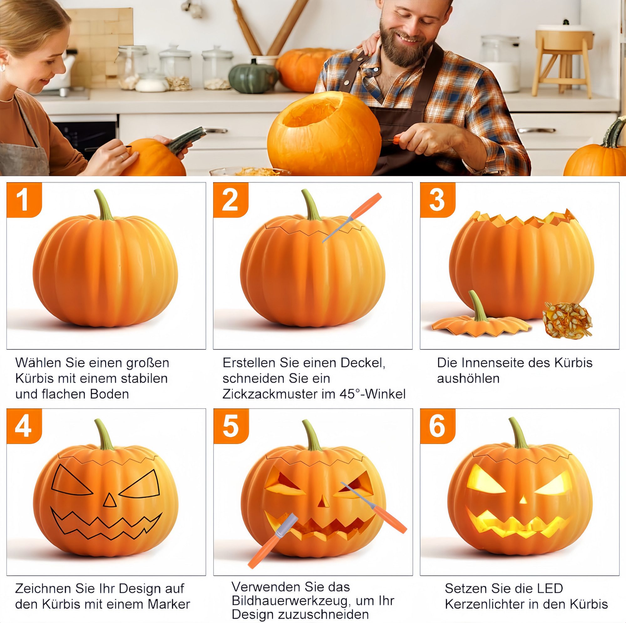 FOUORTUNATE-BEE Schälmesser 5-teiliges Kürbis-Schnitzset aus Edelstahl für Halloween, Halloween Kürbis-Schnitzwerkzeug Set für kreative DIY-Ideen
