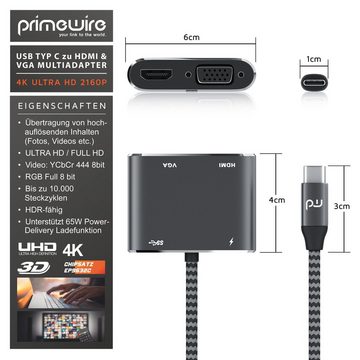 Primewire Audio- & Video-Adapter USB TYP C zu USB TYP C Stecker, HDMI Buchse, VGA Buchse, USB-A Buchse, USB-C Buchse, 11 cm, Adapter Kabel USB C Stecker zu HDMI + VGA + USB-A + USB-C Buchse HDMI