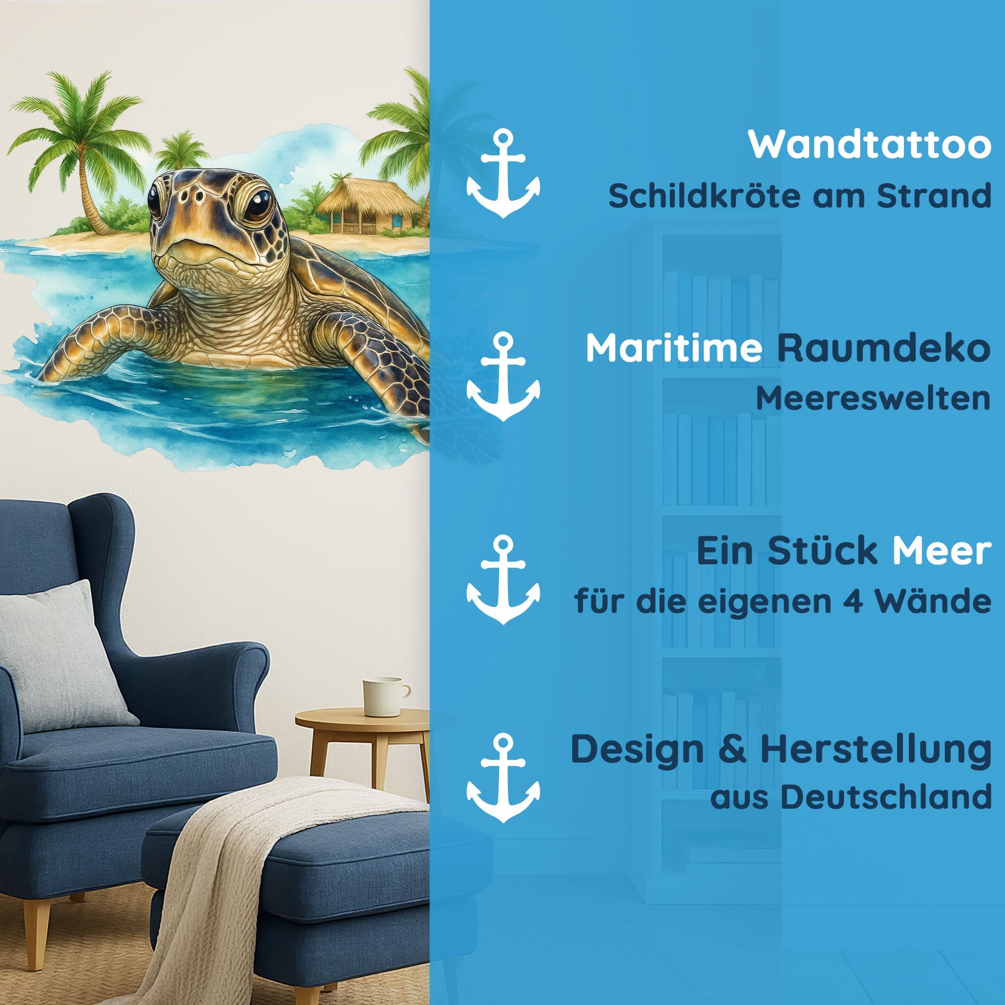 Sunnywall Wandtattoo Aufkleber Maritim Schildkröte mit Palmen & Strand, selbstklebend, konturgeschnitten, rückstandslos entfernbar – Bild 4 von 5