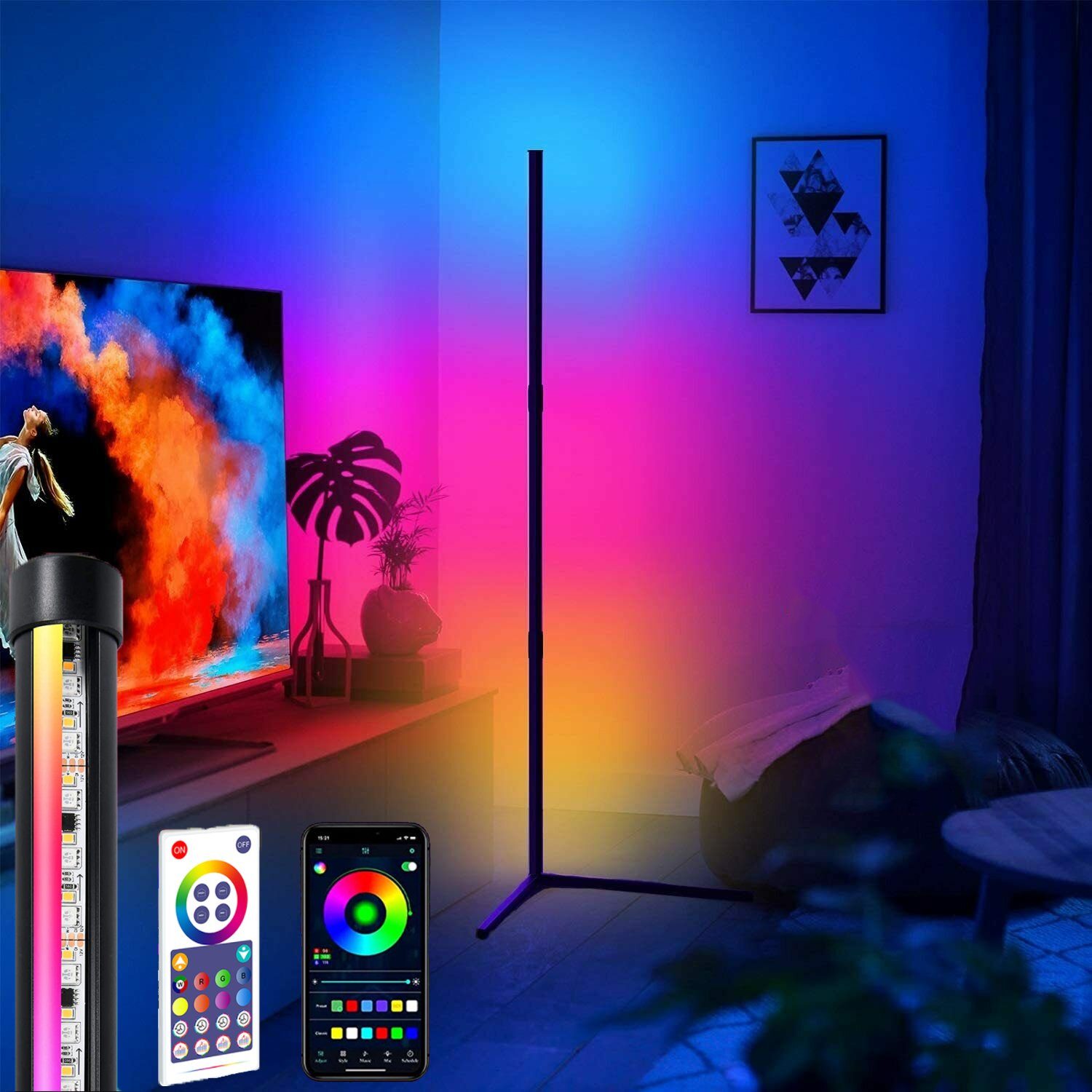 XIIW LED Stehlampe RGB-Ecke Stehleuchte Zufällige Effekte Farbe LED-Stehlampe dimmbar, MIT Fernbedienung & Bluetooth APP, LED wechselbar, 130CM, MIT Fernbedienung & Bluetooth APP