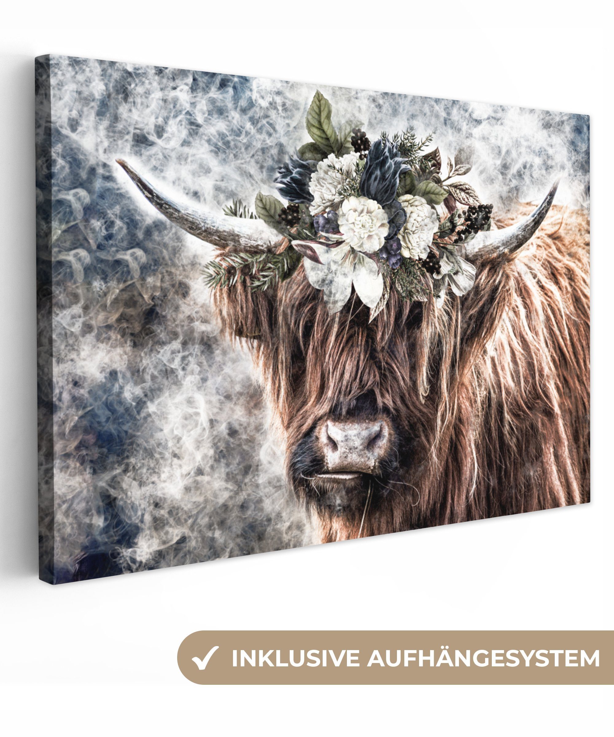 OneMillionCanvasses® Leinwandbild Schottische Highlander - Blumen - Nebel, günstig online kaufen