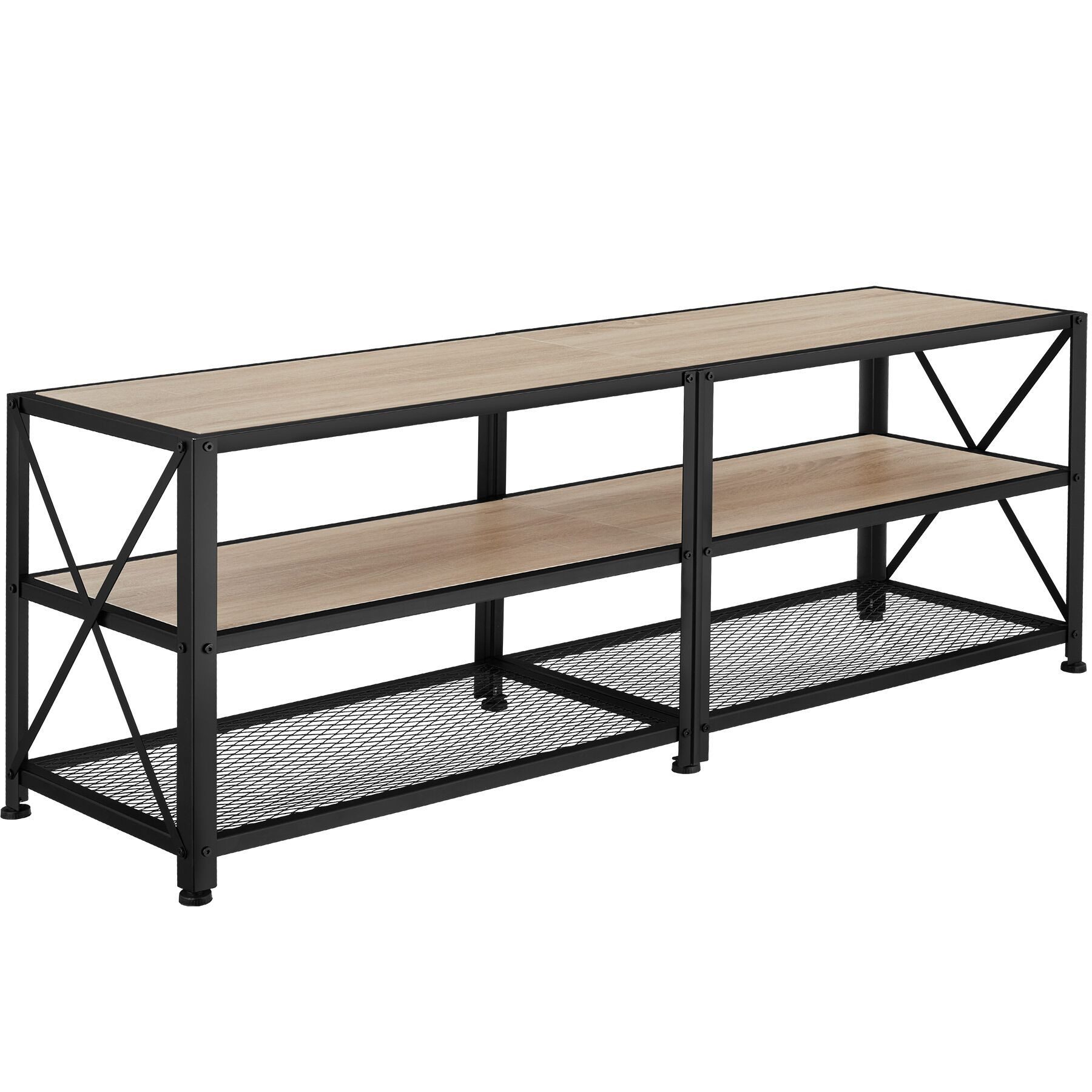 tectake Lowboard TV-Schrank, 141 x 41,5 x 50,5 cm, Industrial Style, Holz und Stahl (Fernsehboard Chicago, in Industrial Holz hell, Eiche Sonoma), 3 offene Etagen, seitliche X-Streben, höhenverstellbare Kunststofffüße