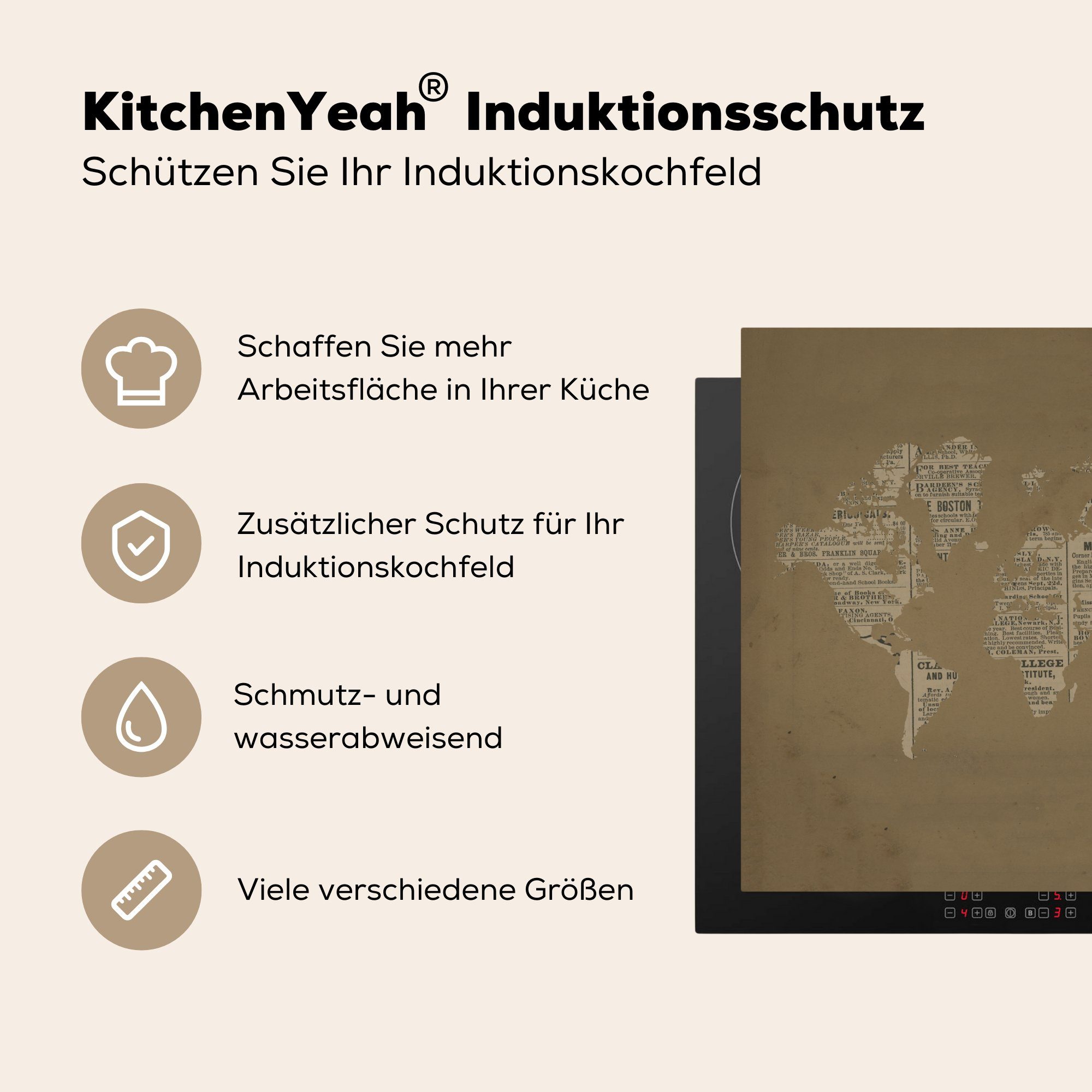 MuchoWow Herdblende-/Abdeckplatte Weltkarte - Braun Vinyl, (1 Arbeitsplatte Zeitung, cm, tlg), küche Ceranfeldabdeckung, 78x78 - für