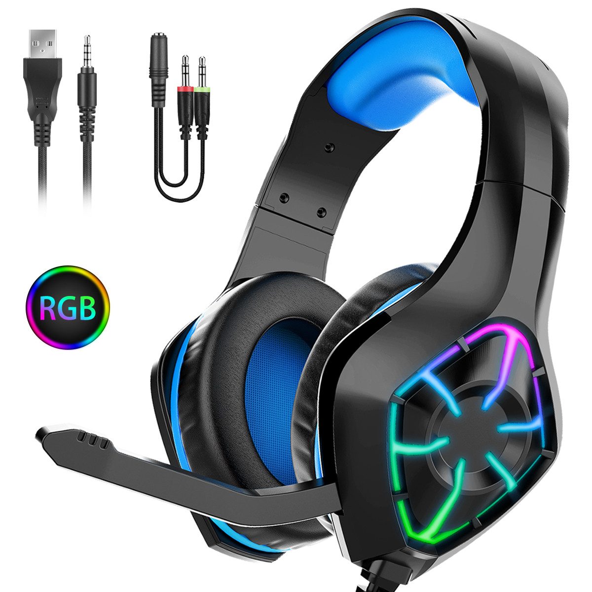 VSIUO Surround Sound Mit Mikrofon Gaming-Headset (Noise Cancelling, Over-Ear Kopfhörer, für Windows/Mac/Linux /PS4/PS4 Pro, RGB-Design)