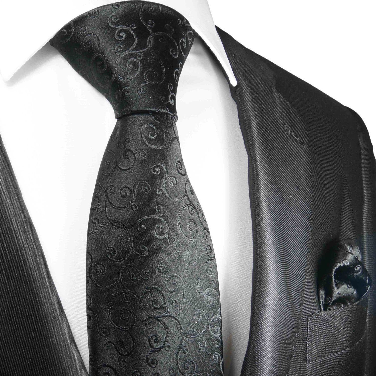 Paul Malone Krawatte Designer Herren Seidenkrawatte mit Tuch modern Ornamente 100% Seide (Set, 2-St., Krawatte mit Einstecktuch) Breit (8cm), schwarz 2095