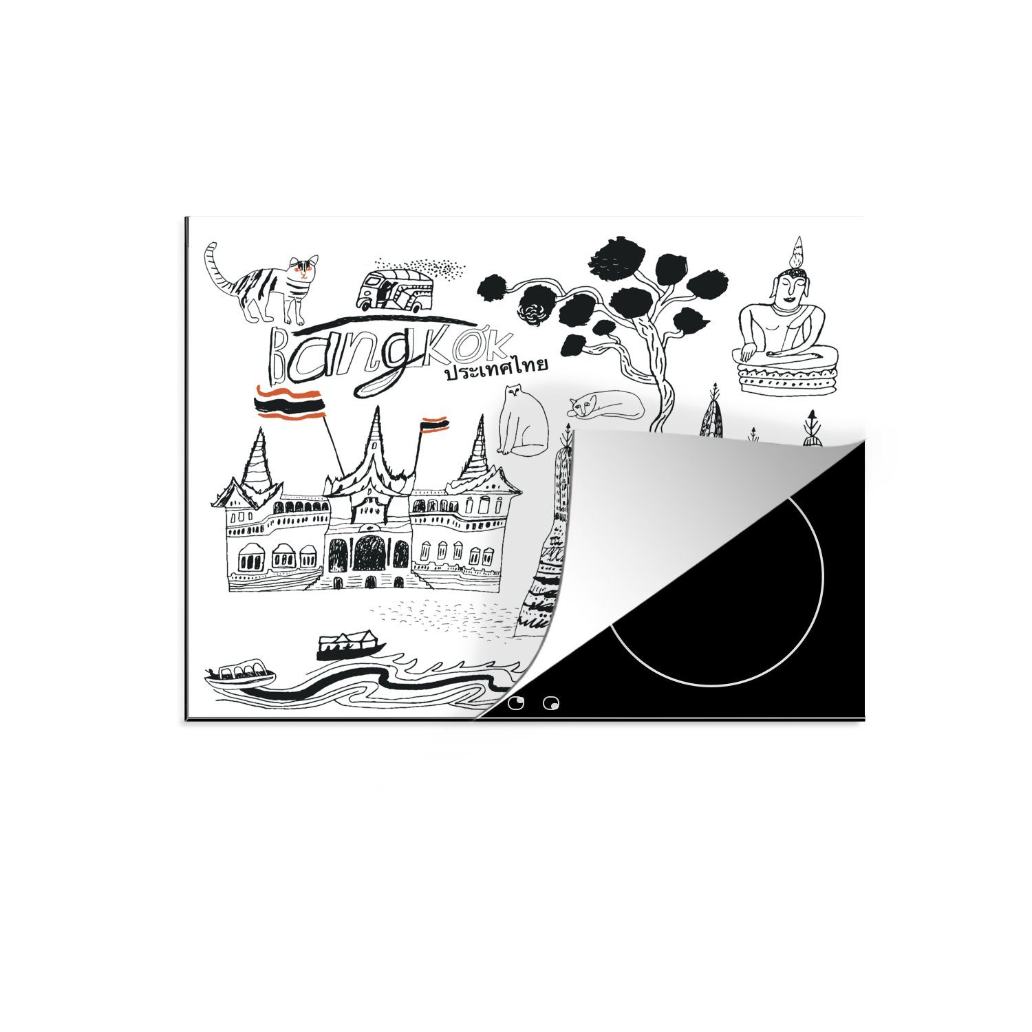 Bangkok, Herdblende-/Abdeckplatte (1 in Sehenswürdigkeiten tlg), Arbeitsfläche Vinyl, Ceranfeldabdeckung 60x52 von MuchoWow cm, Mobile nutzbar, Schwarz-Weiß-Illustration