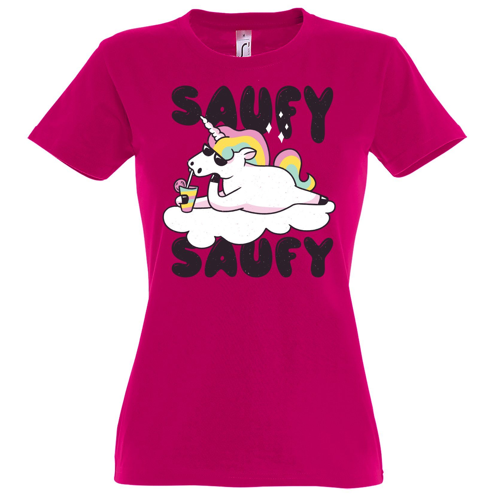 Youth Designz Print-Shirt SAUFY SAUFY Einhorn Damen T-Shirt mit Fun-Look Unicorn Aufdruck und lustigem Spruch Fuchsia