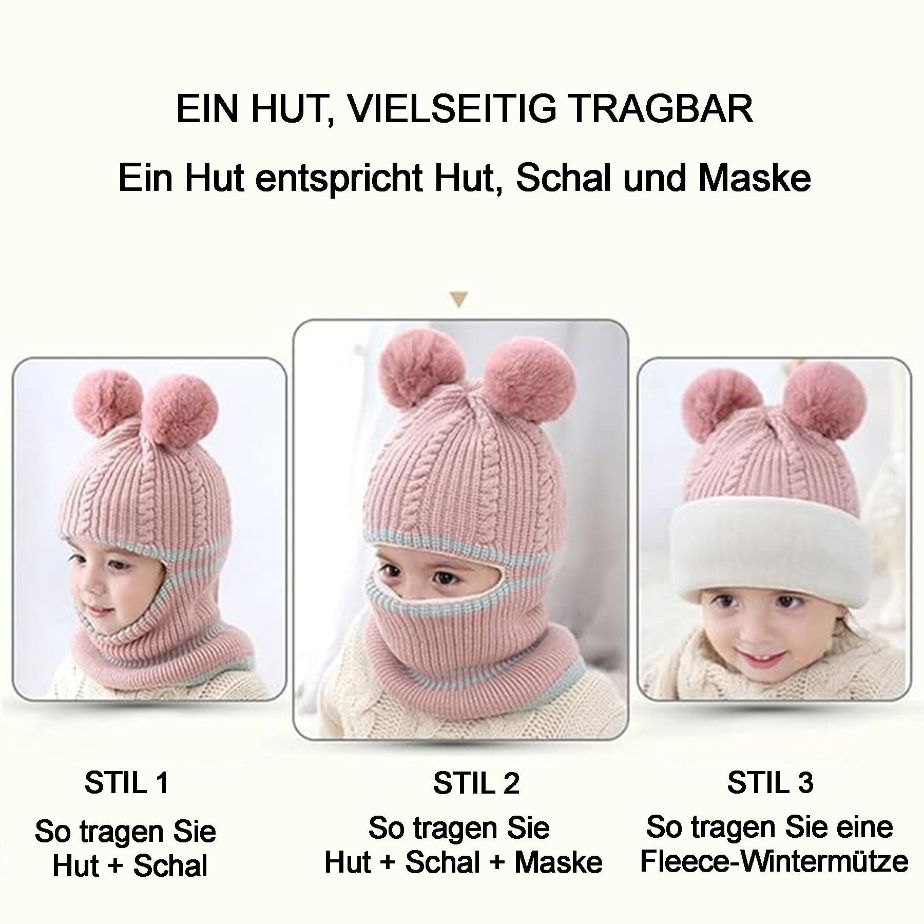 Mutig Schlupfmütze Baby Unisex Mütze 2 Stück Süßer Bär Kleinkind Earflap Beanie Warm (Kindermützen Herbst Wintermütze für 1-6 Jahre)
